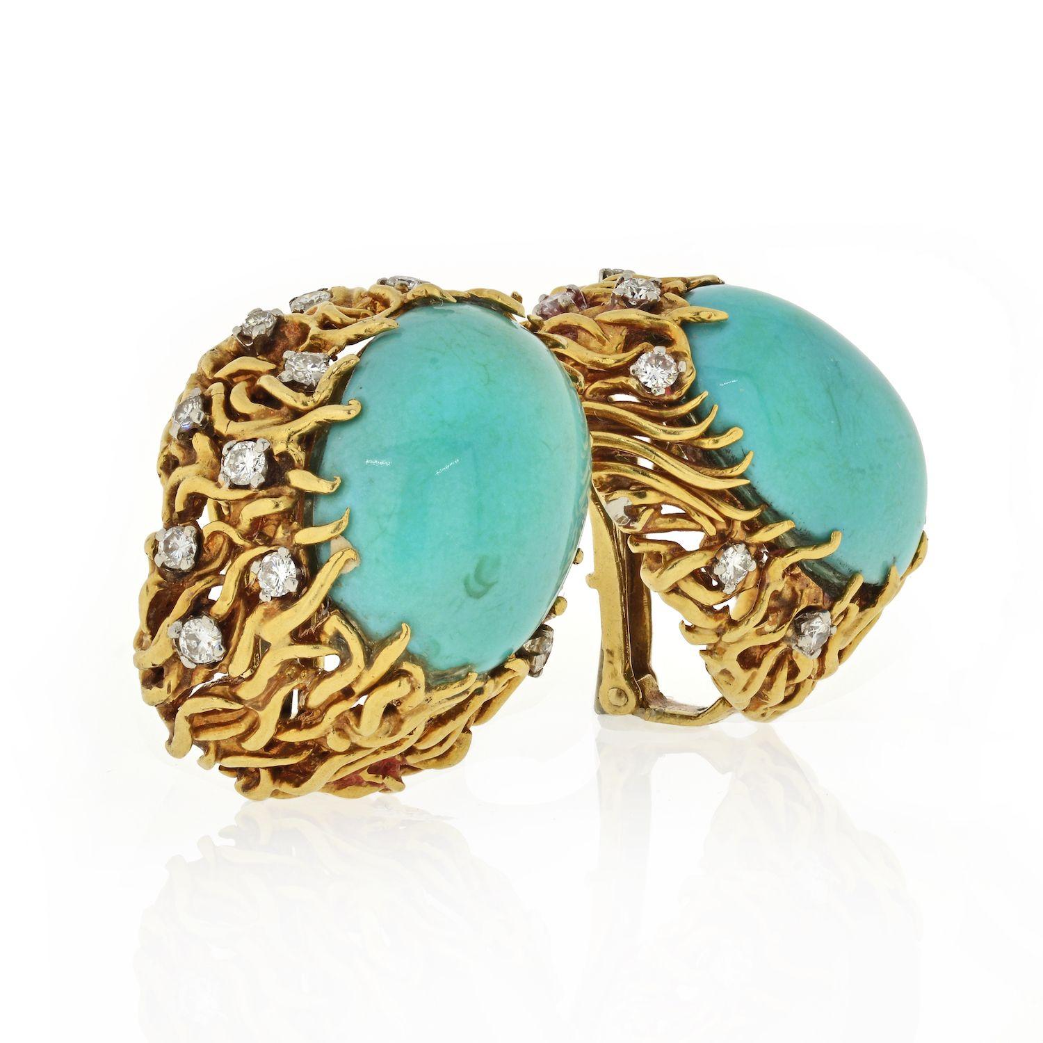 David Webb turquoise and diamond earrings in 18 karat yellow gold with stylized branch design. These clip-on earrings feature 2 oval cabochons and 24 round brilliant diamonds, which total approximately 0.80 carats in total diamond weight. 
Circa