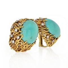 David Webb Turquoise and Diamond Oval Clip-On Gold Earrings