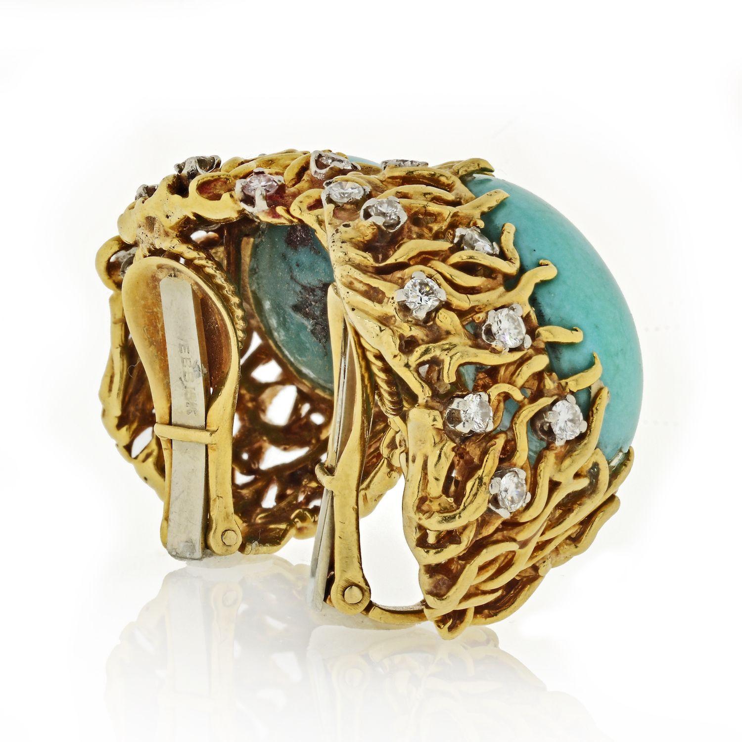 Ovale Clip-On-Ohrringe aus Gold mit Türkis und Diamanten von David Webb (Moderne) im Angebot