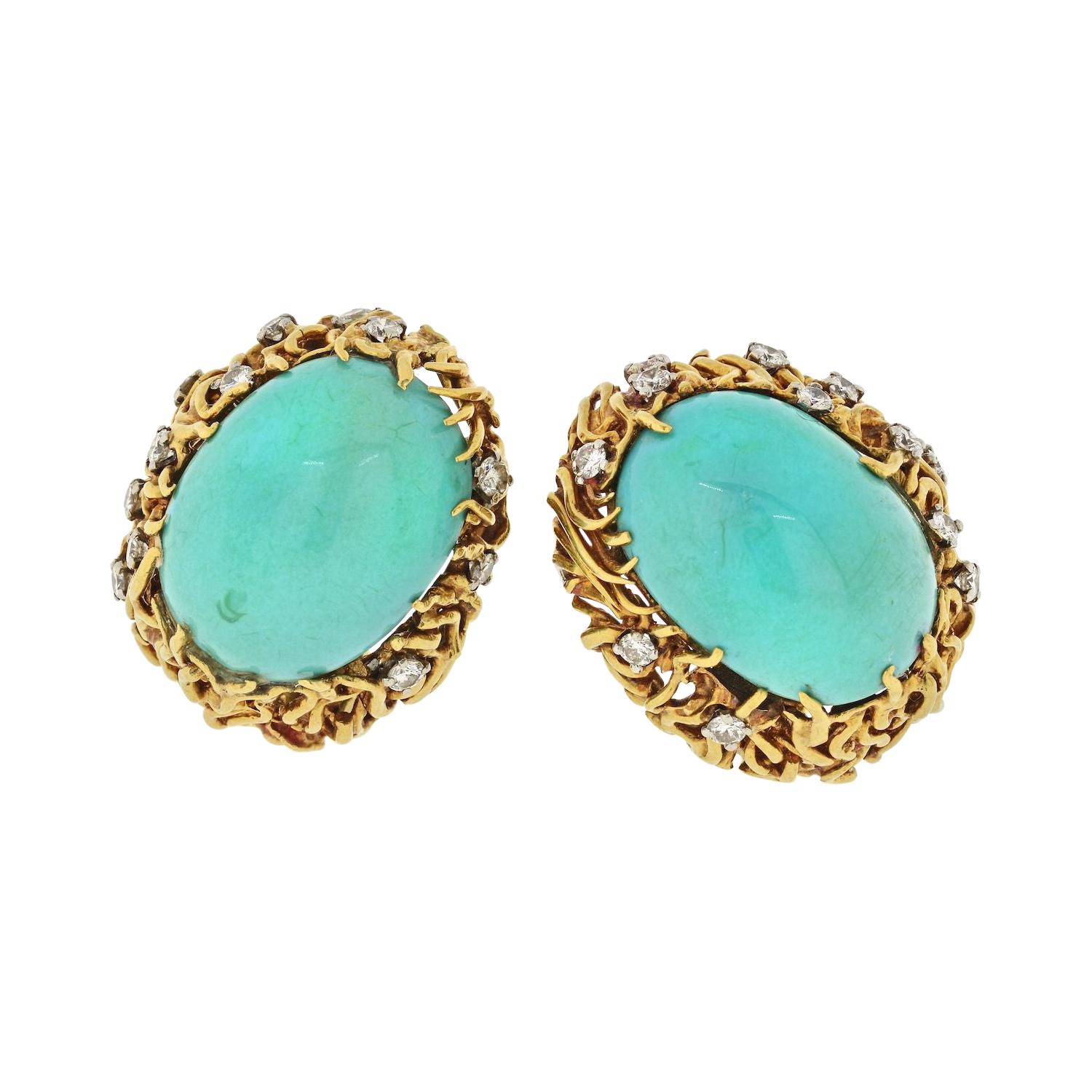 David Webb Turquoise and Diamond Oval Clip-On Gold Earrings For Sale