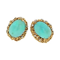 David Webb Turquoise and Diamond Oval Clip-On Gold Earrings