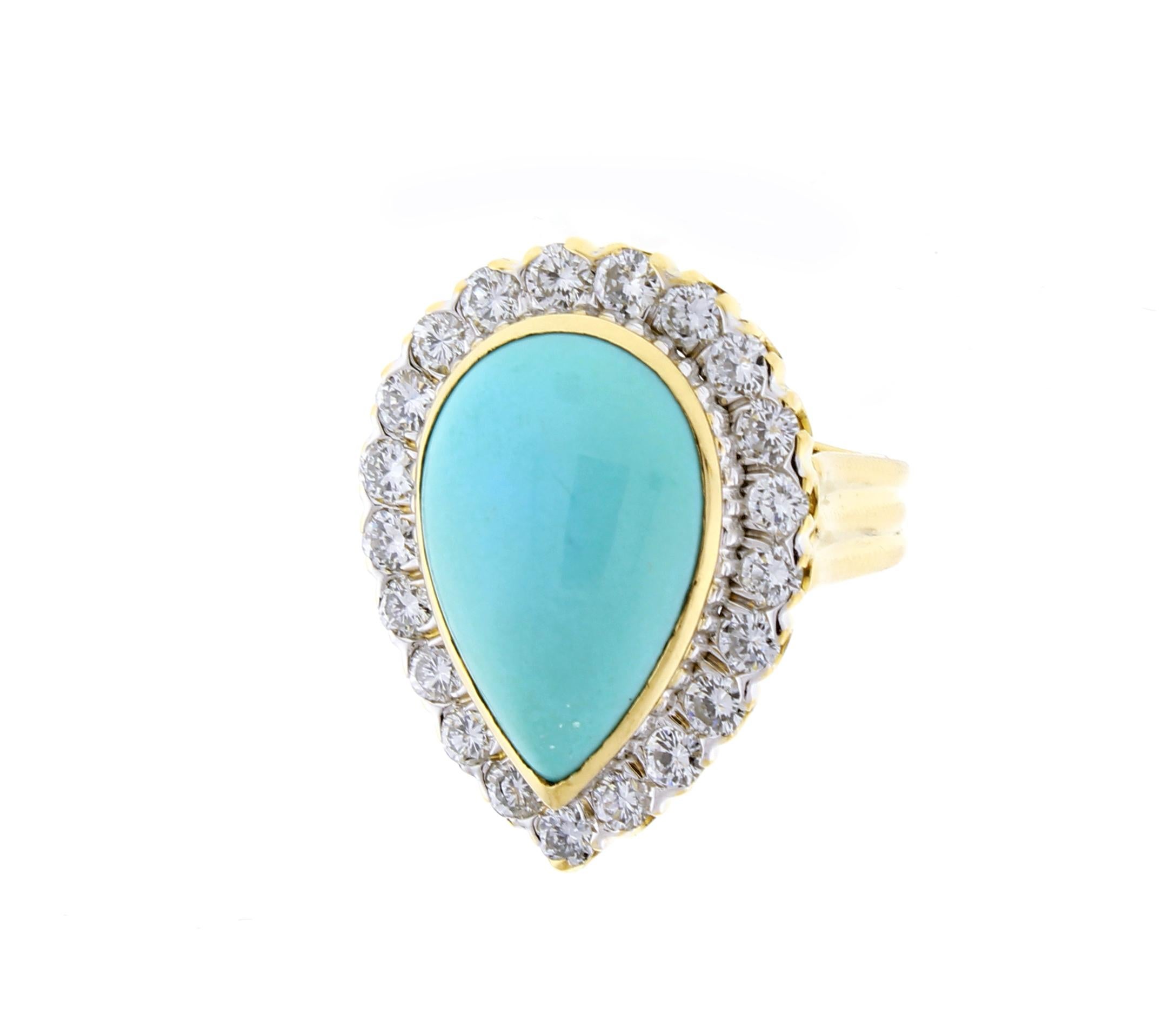 From David Webb, a teardrop shaped Persian turquoise and diamond ring.

♦ Designer: David Webb
♦ Metal: 18 karat. platinum
♦ Persian Turquoise: 20 X 14mm
♦ 21 Diamonds= 2.20
♦ Circa 1980
♦ Size 6 ½, Resizable
♦ Packaging: David Webb Box
♦