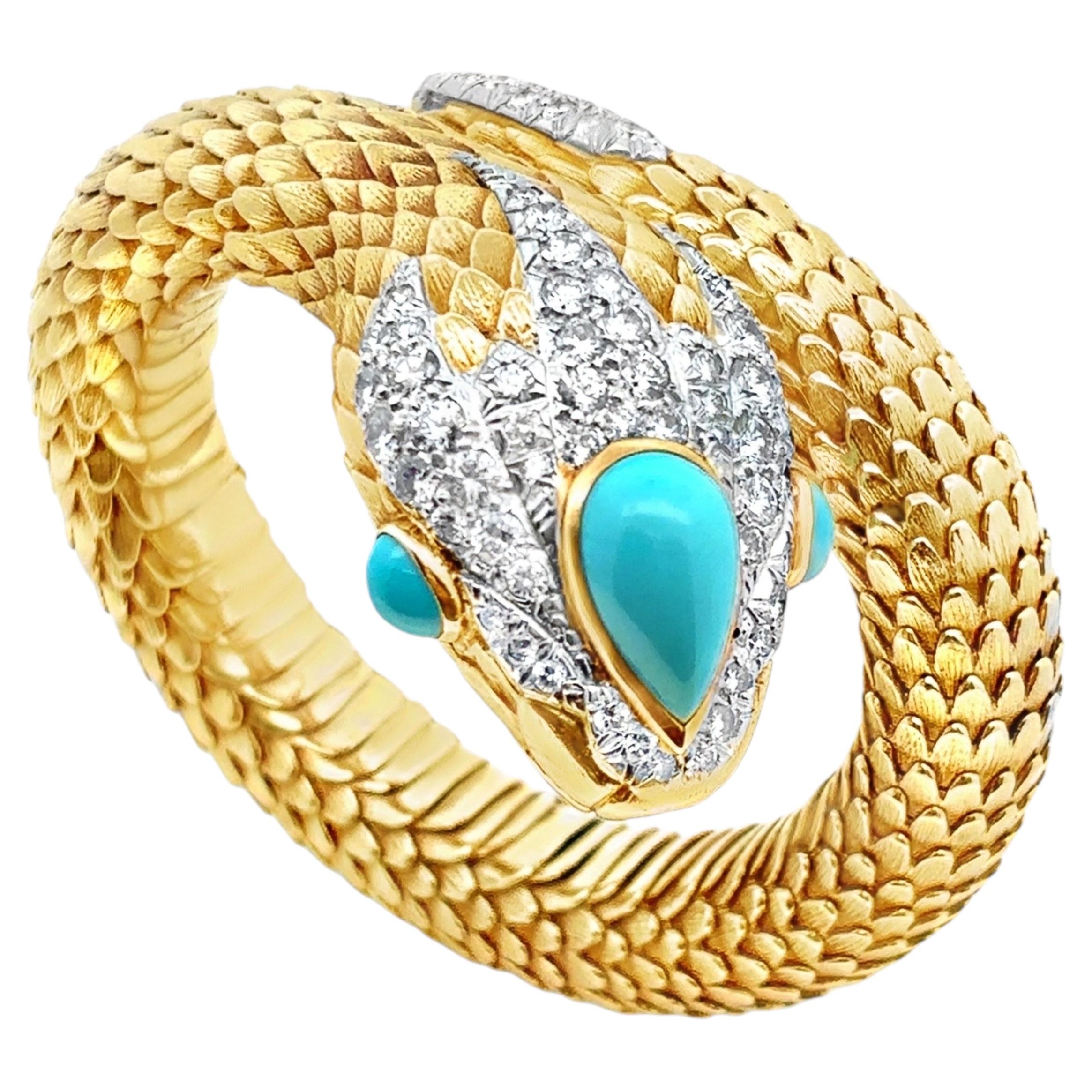 David Webb Turquoise And Diamond Snake Bangle Bracelet For Sale