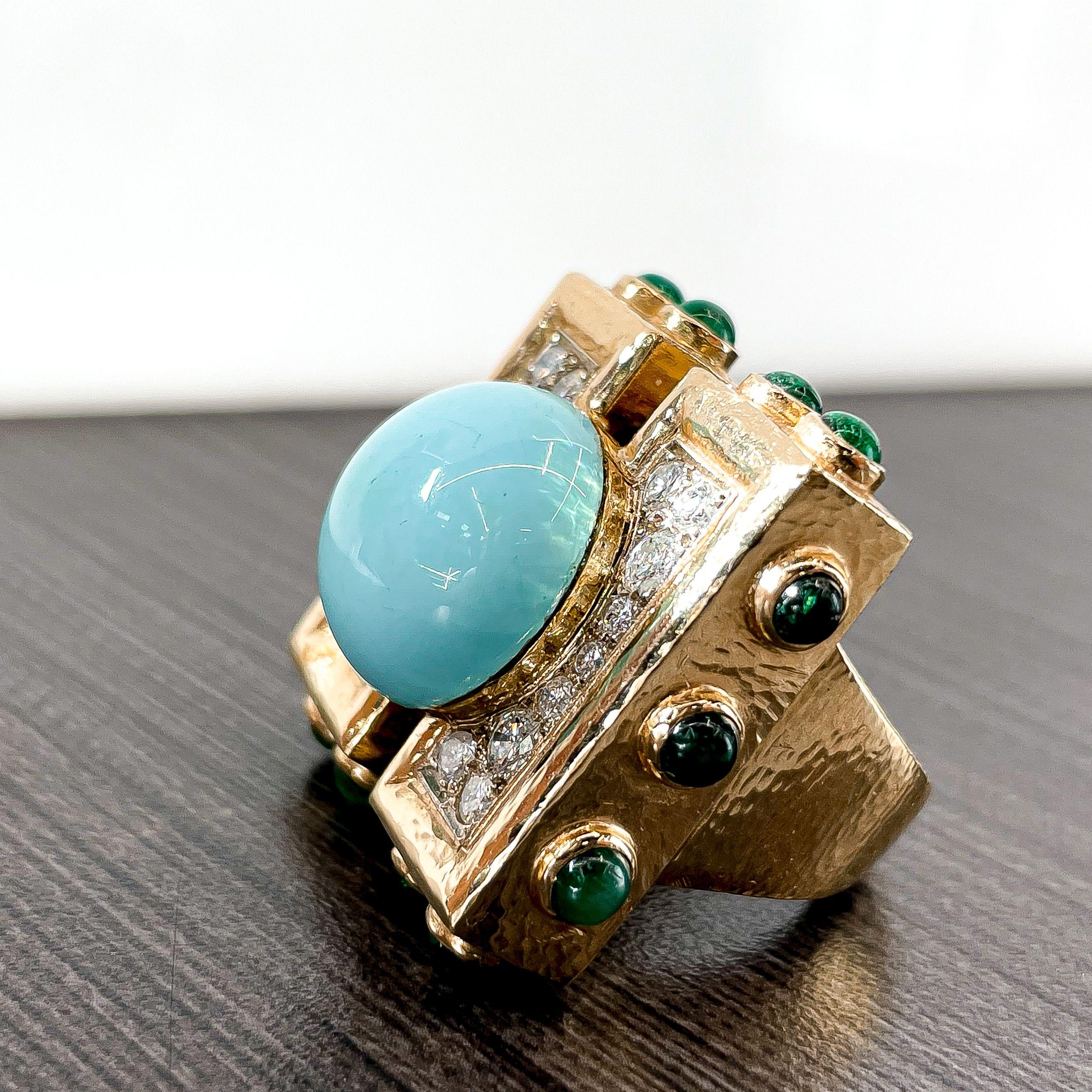 This is a truly one-of-a-kind vintage piece: the 18k yellow gold oversized David Webb cocktail ring. This stunning ring features a large turquoise stone at its center, framed by an oversized gold frame that is as bold as it is beautiful.

Adding to
