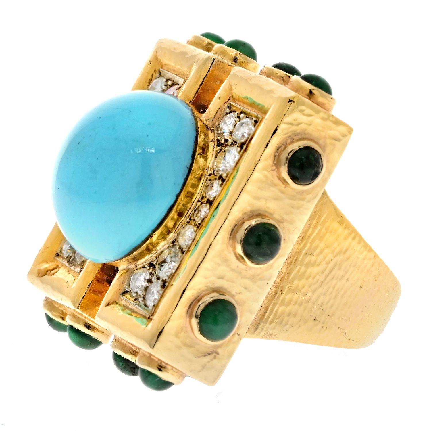 Modern David Webb Turquoise And Diamond Vintage 18k Yellow Gold Ring For Sale