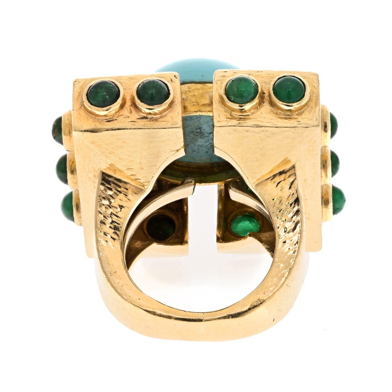 Cabochon David Webb Turquoise And Diamond Vintage 18k Yellow Gold Ring For Sale
