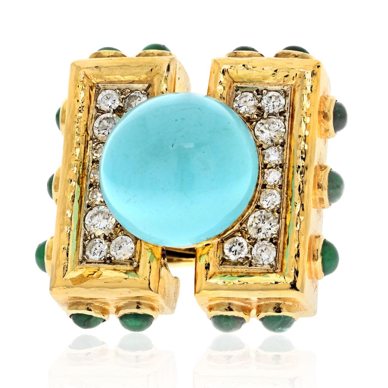 David Webb Turquoise And Diamond Vintage 18k Yellow Gold Ring For Sale 1