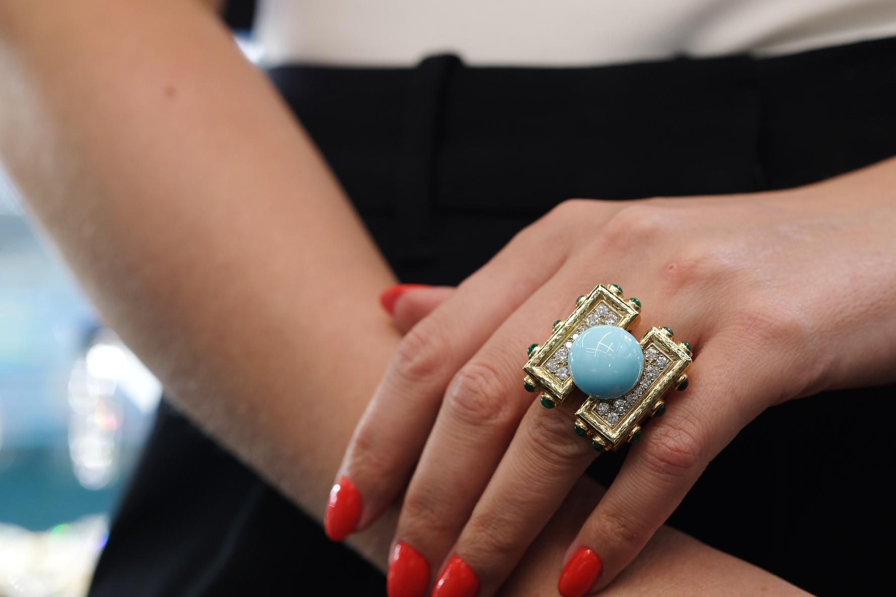 David Webb Turquoise And Diamond Vintage 18k Yellow Gold Ring For Sale 1