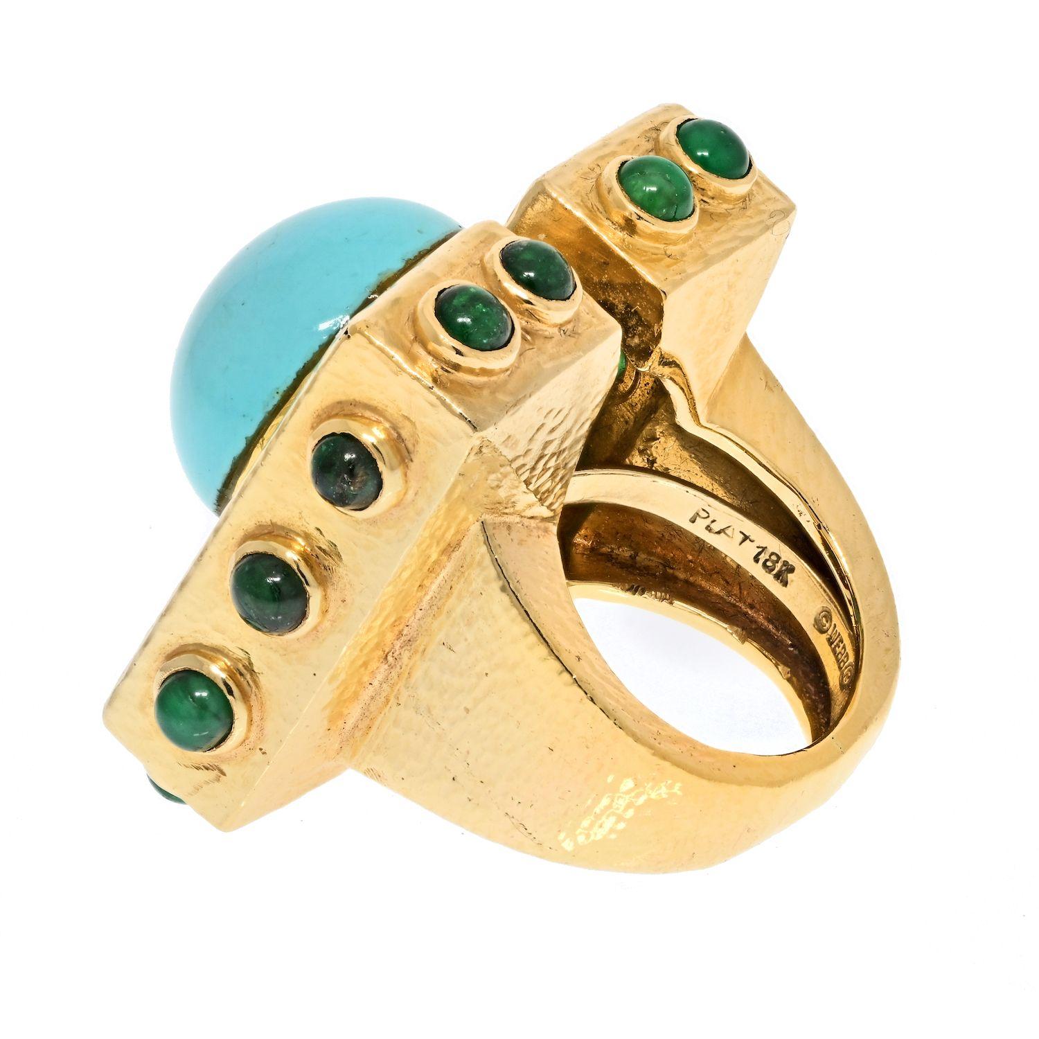 David Webb Turquoise And Diamond Vintage 18k Yellow Gold Ring For Sale 2