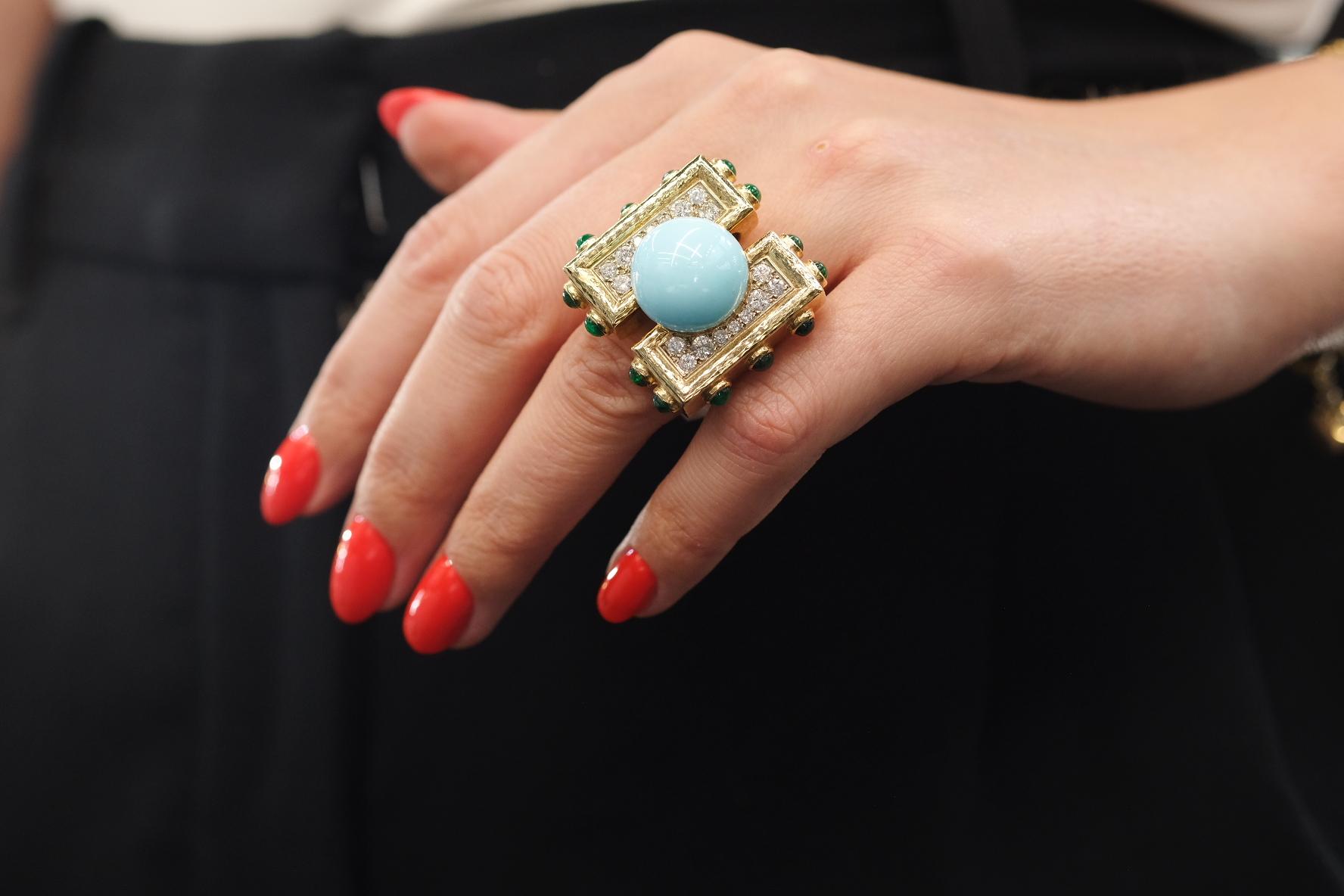 David Webb Turquoise And Diamond Vintage 18k Yellow Gold Ring For Sale 2
