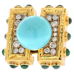 David Webb Turquoise And Diamond Vintage 18k Yellow Gold Ring