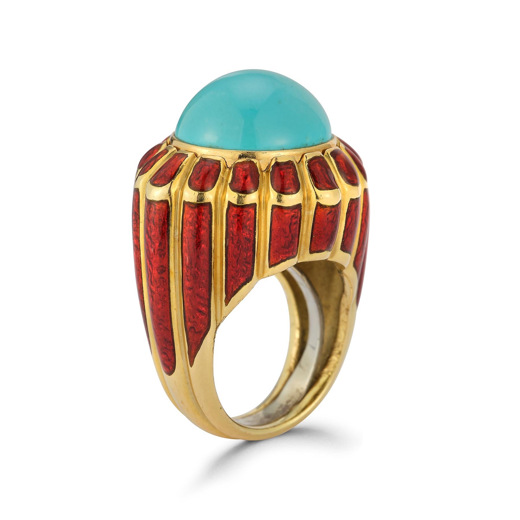 David Webb Turquoise and Red Enamel Ring

 1 cabochon turquoise set in  enameled ring 18k yellow gold.

Ring Size: 6

Signed Webb
