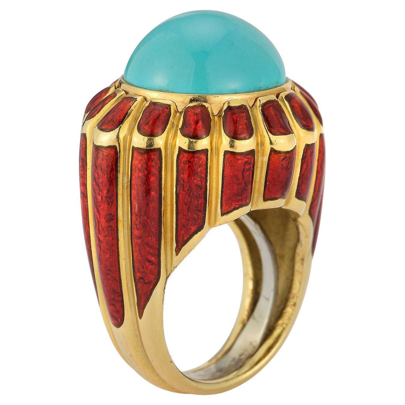 David Webb Turquoise and Red Enamel Ring 