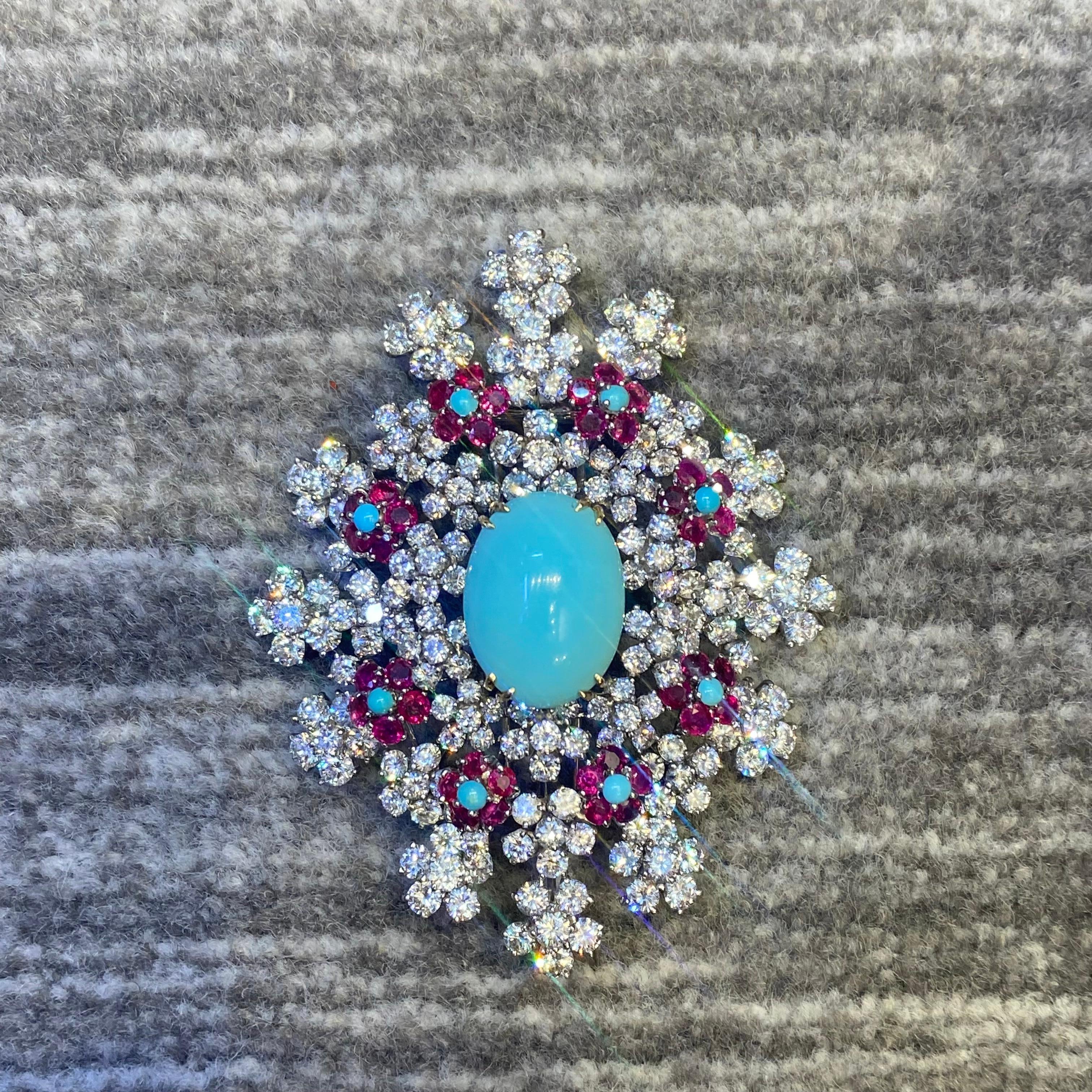 David Webb Turquoise and Ruby Brooch For Sale 5
