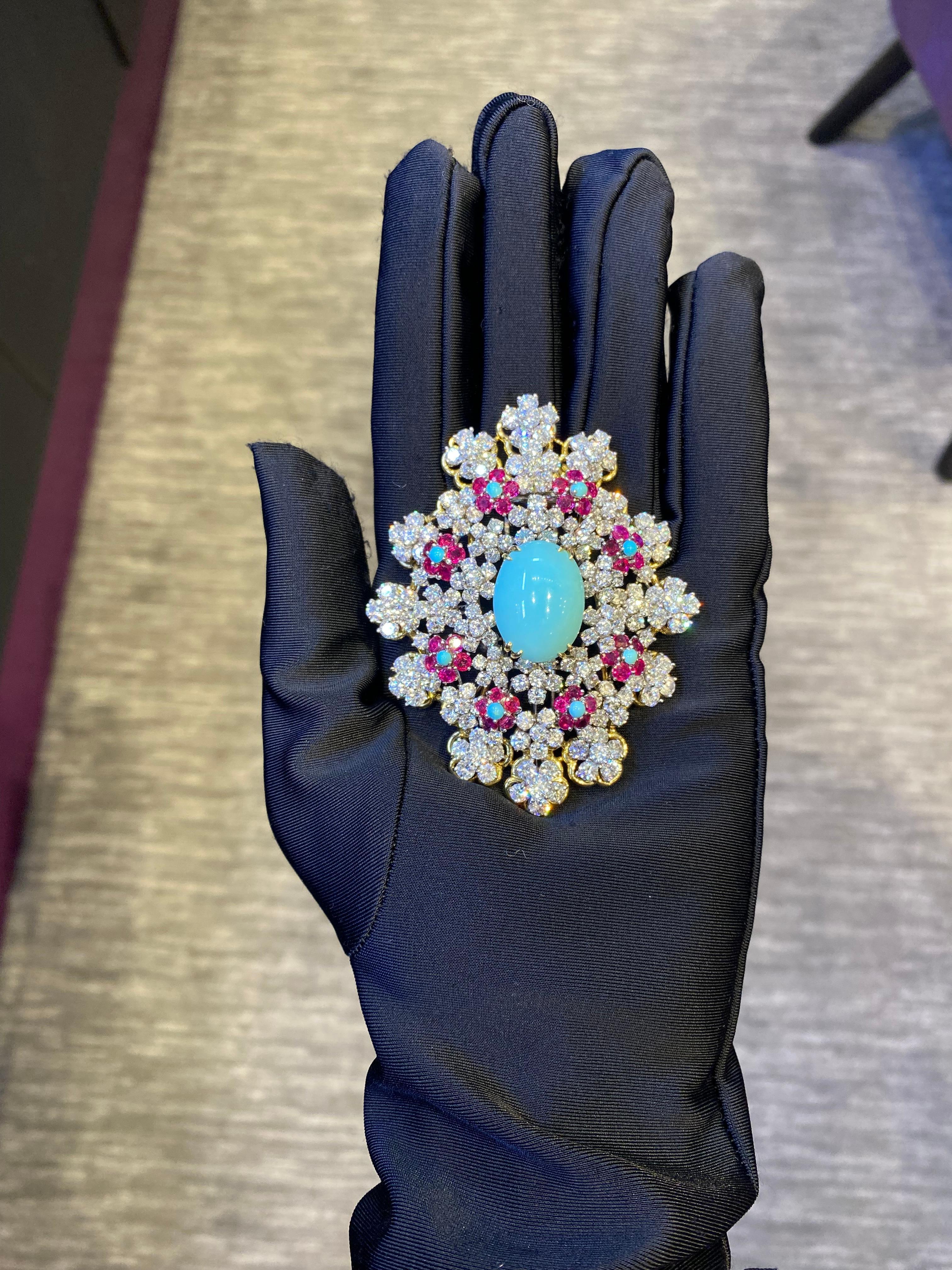 Brilliant Cut David Webb Turquoise and Ruby Brooch For Sale