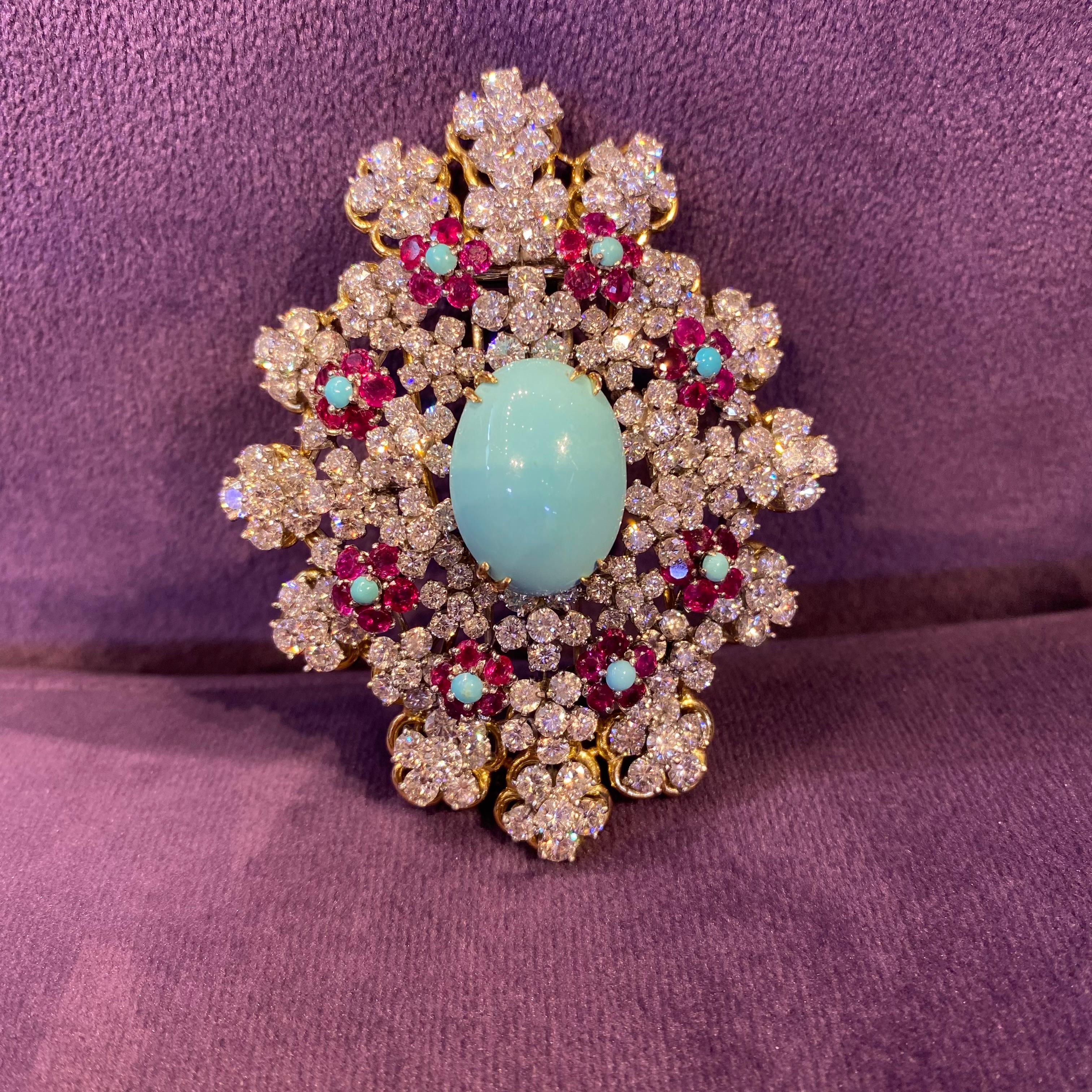 David Webb Turquoise and Ruby Brooch For Sale 1