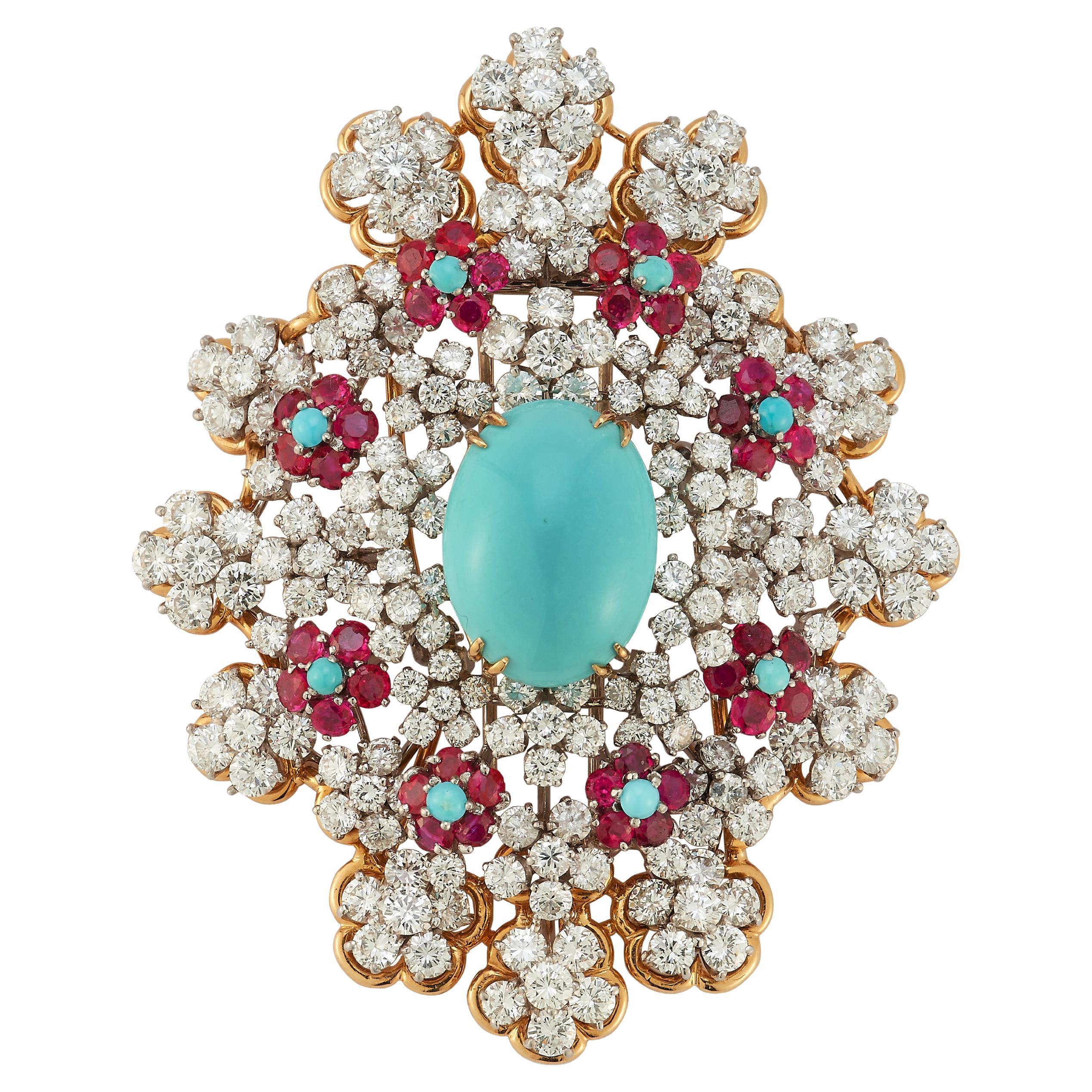 David Webb Turquoise and Ruby Brooch For Sale