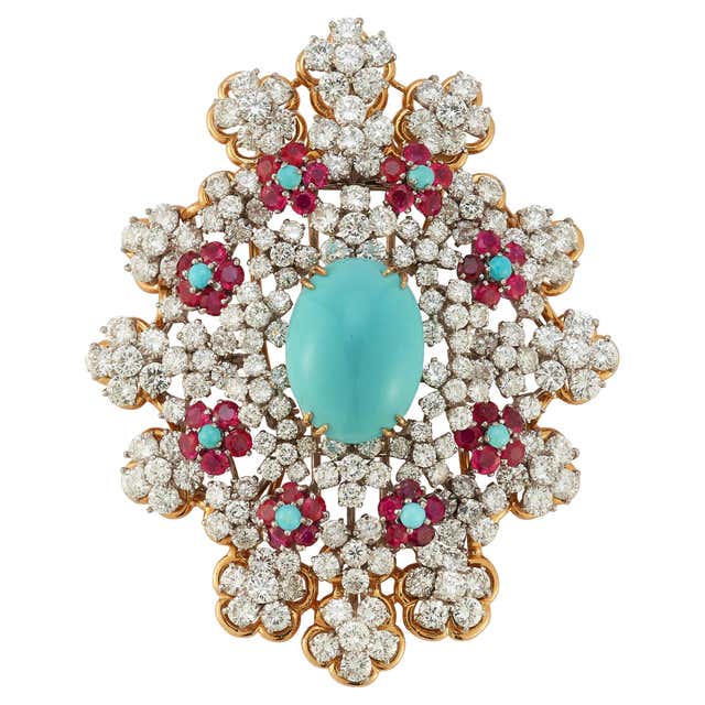 Large Size Cartier Turquoise and Ruby Brooch For Sale at 1stDibs