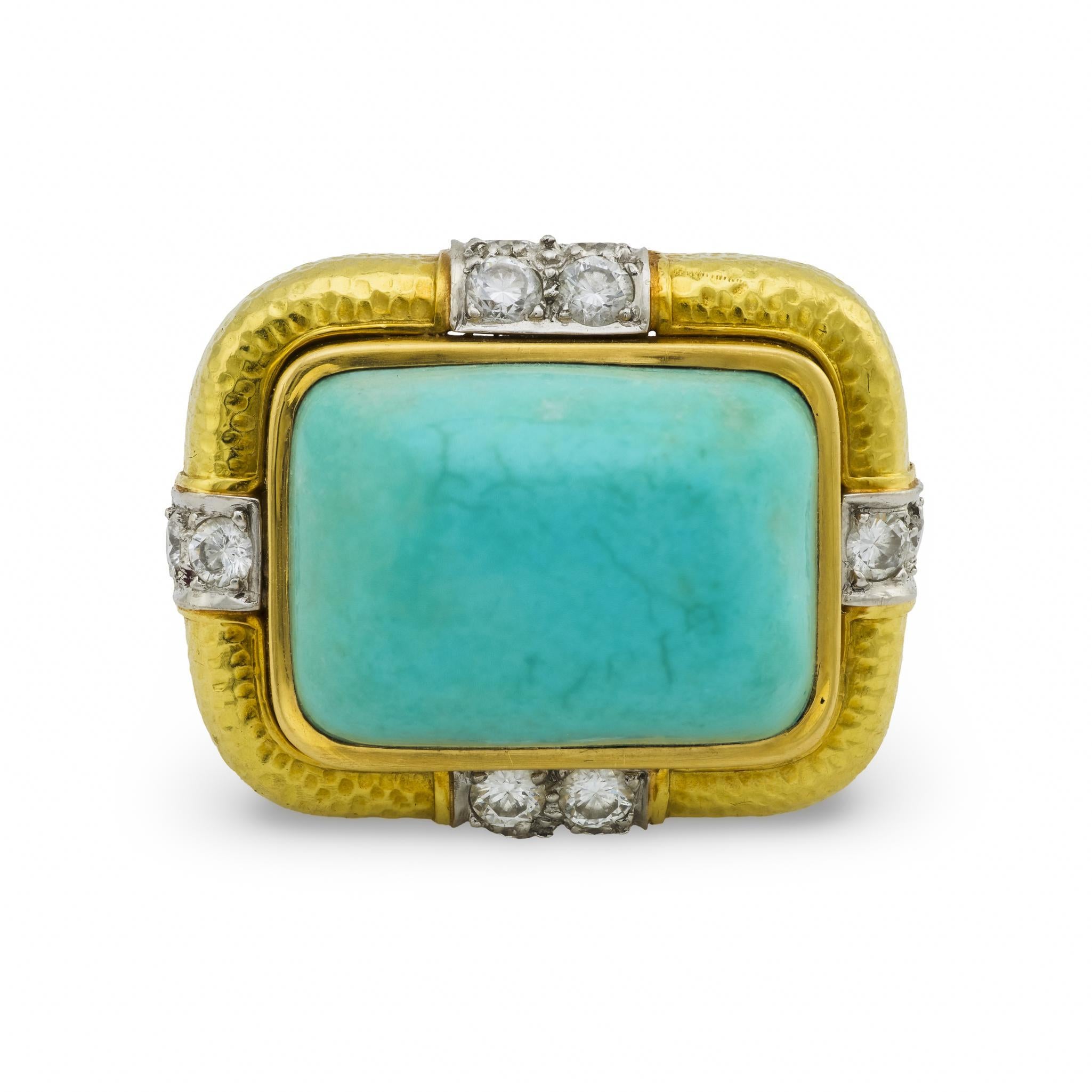 Contemporaneo David Webb anello cocktail con diamante e turchese in oro giallo 18 carati e platino in vendita
