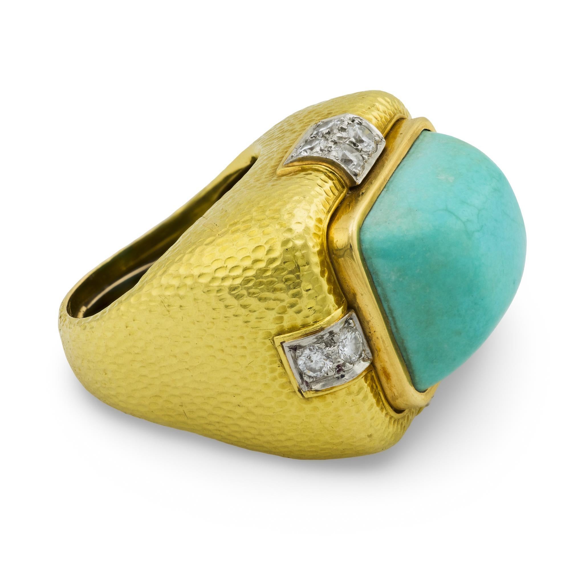 David Webb anello cocktail con diamante e turchese in oro giallo 18 carati e platino In condizioni buone in vendita a Beverly Hills, CA