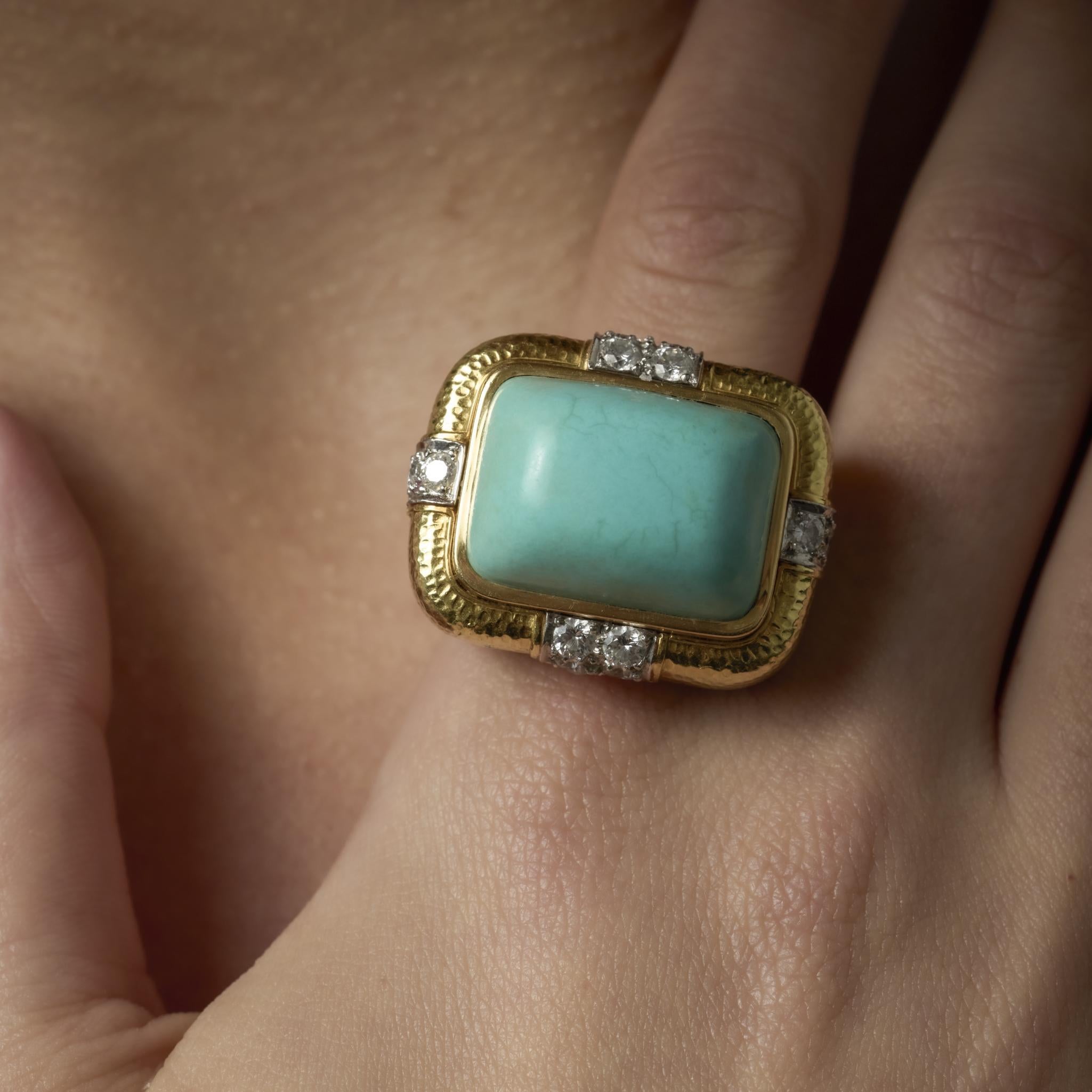 Donna David Webb anello cocktail con diamante e turchese in oro giallo 18 carati e platino in vendita