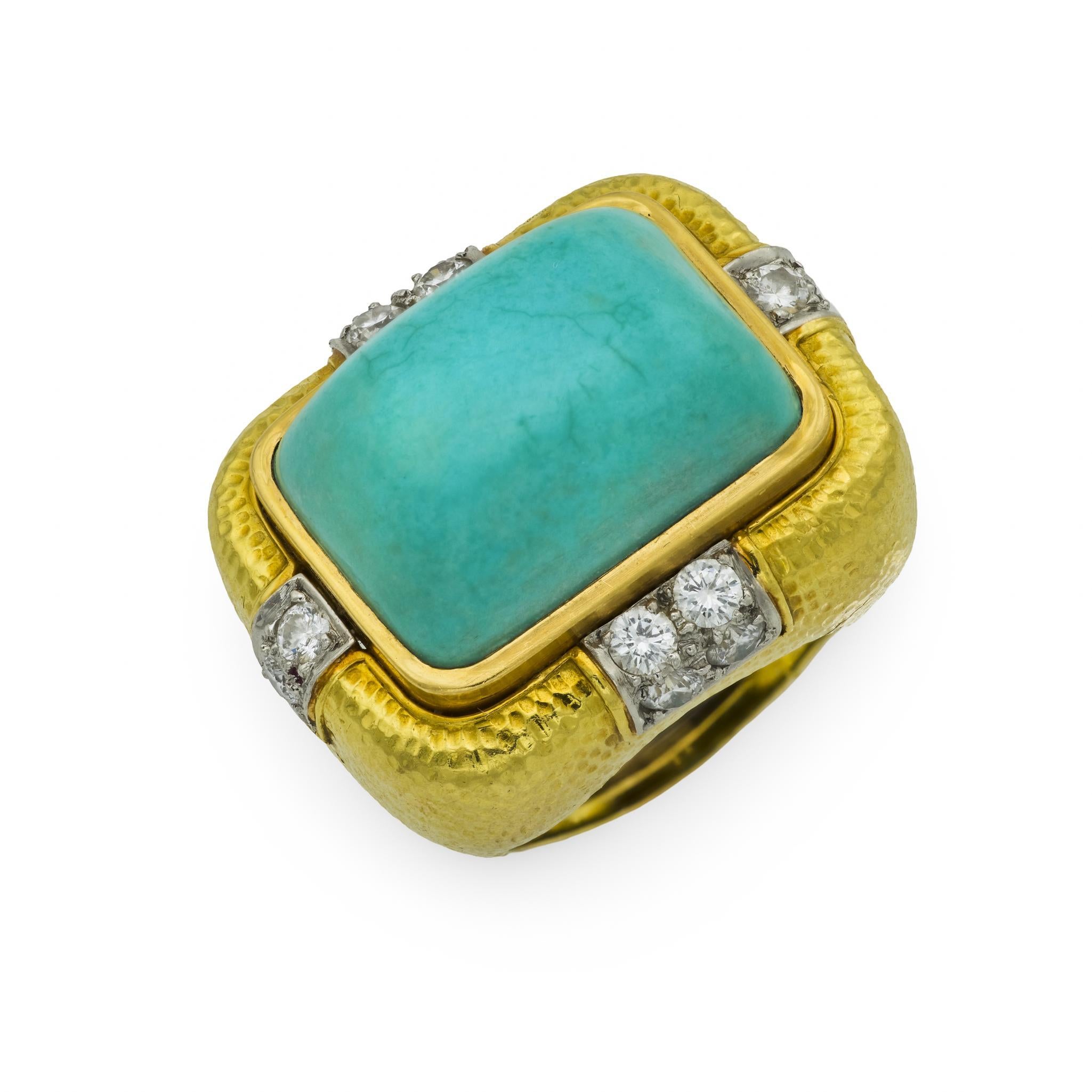 David Webb anello cocktail con diamante e turchese in oro giallo 18 carati e platino