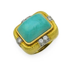 David Webb anello cocktail con diamante e turchese in oro giallo 18 carati e platino