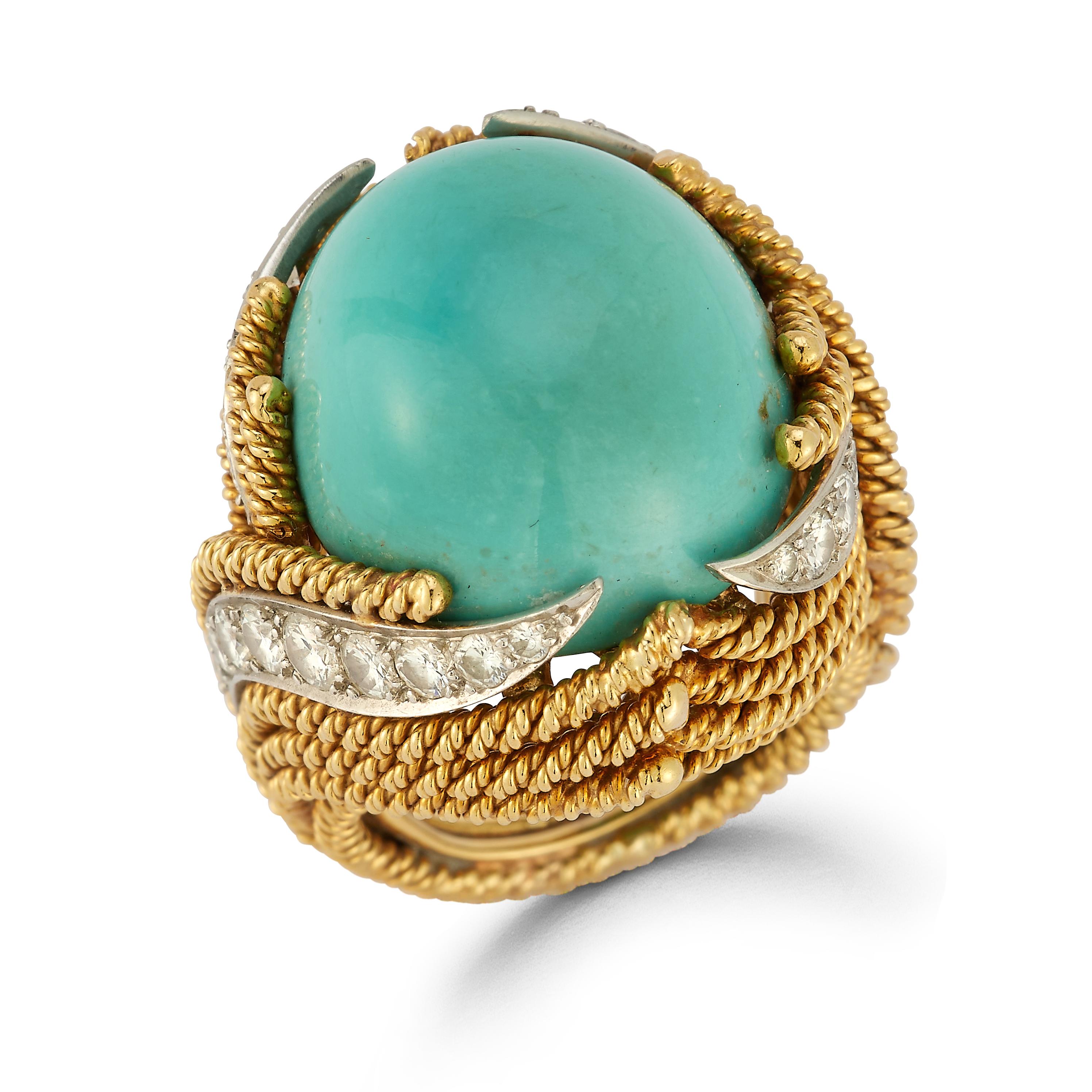 David Webb Turquoise & Diamond Cocktail Ring

An 18 karat textured yellow gold and platinum ring set with a cabochon turquoise and accented by 28 round cut diamonds

Signed Webb 18K

Ring Size: 5.75

Resizable free of charge