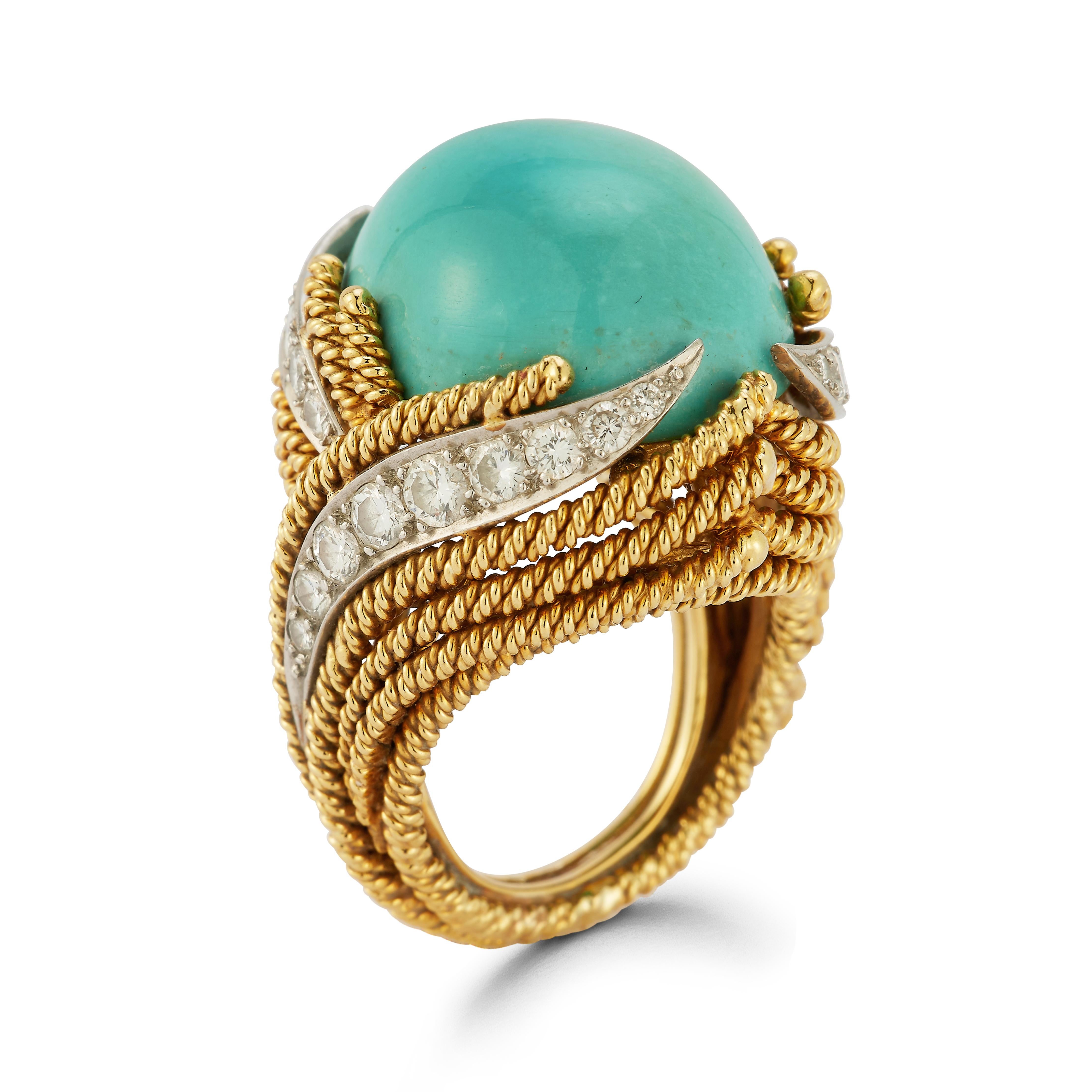 David Webb Turquoise & Diamond Cocktail Ring In Excellent Condition In New York, NY