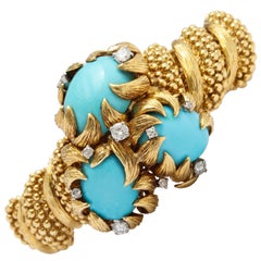 David Webb Turquoise Diamond Gold Blossom Bracelet