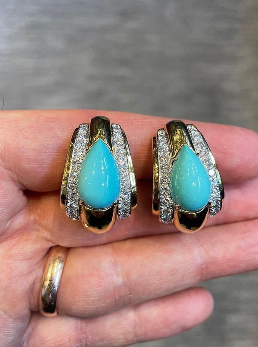  David Webb Turquoise & Diamond Gold Earrings 
2 cabochon Turquoise & 48 round cut diamonds all set in 18k yellow gold & platinum
Back Type: Clip On 
Measurements: 1