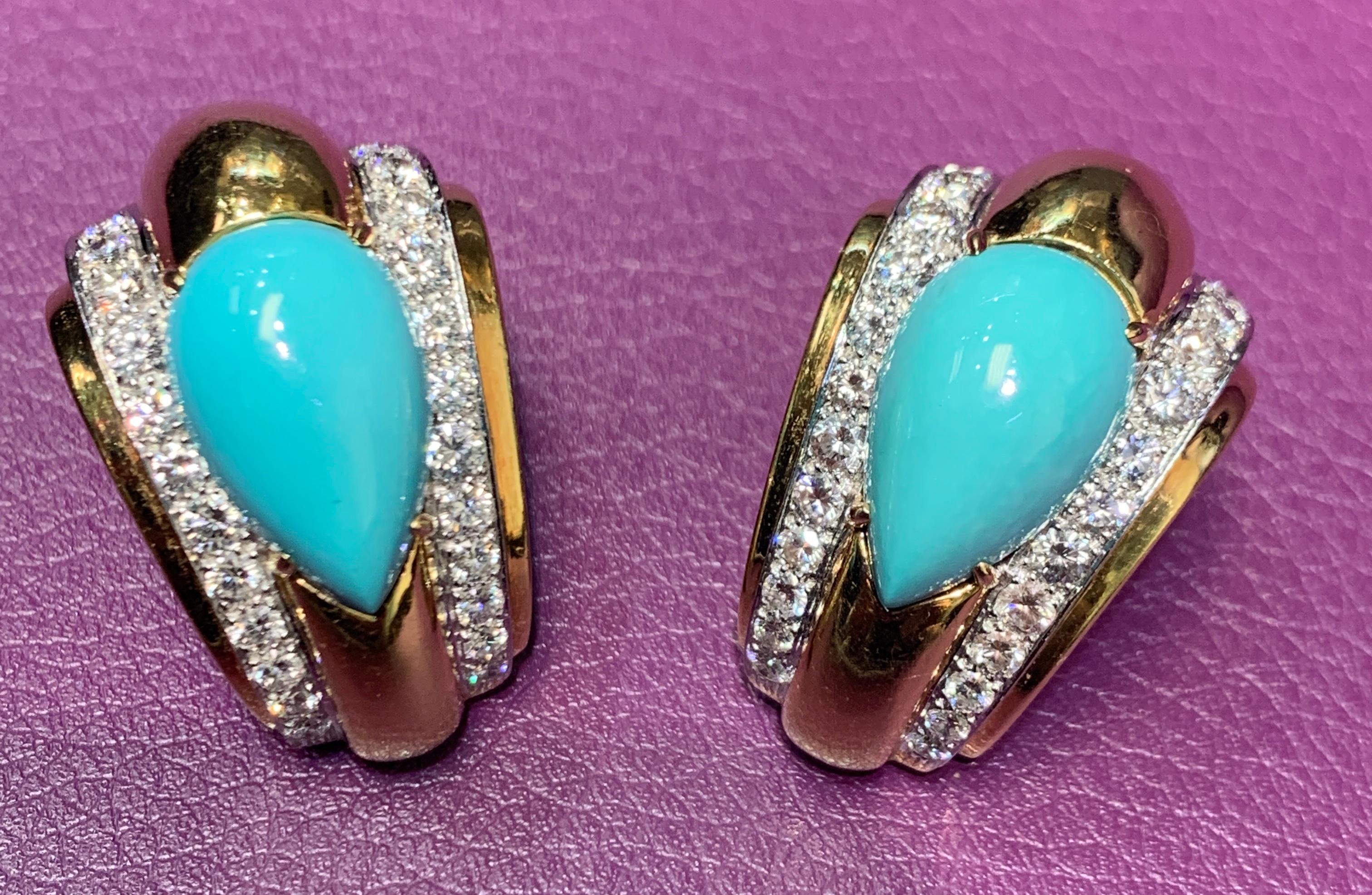 David Webb Turquoise & Diamond Gold Earrings In Excellent Condition In New York, NY