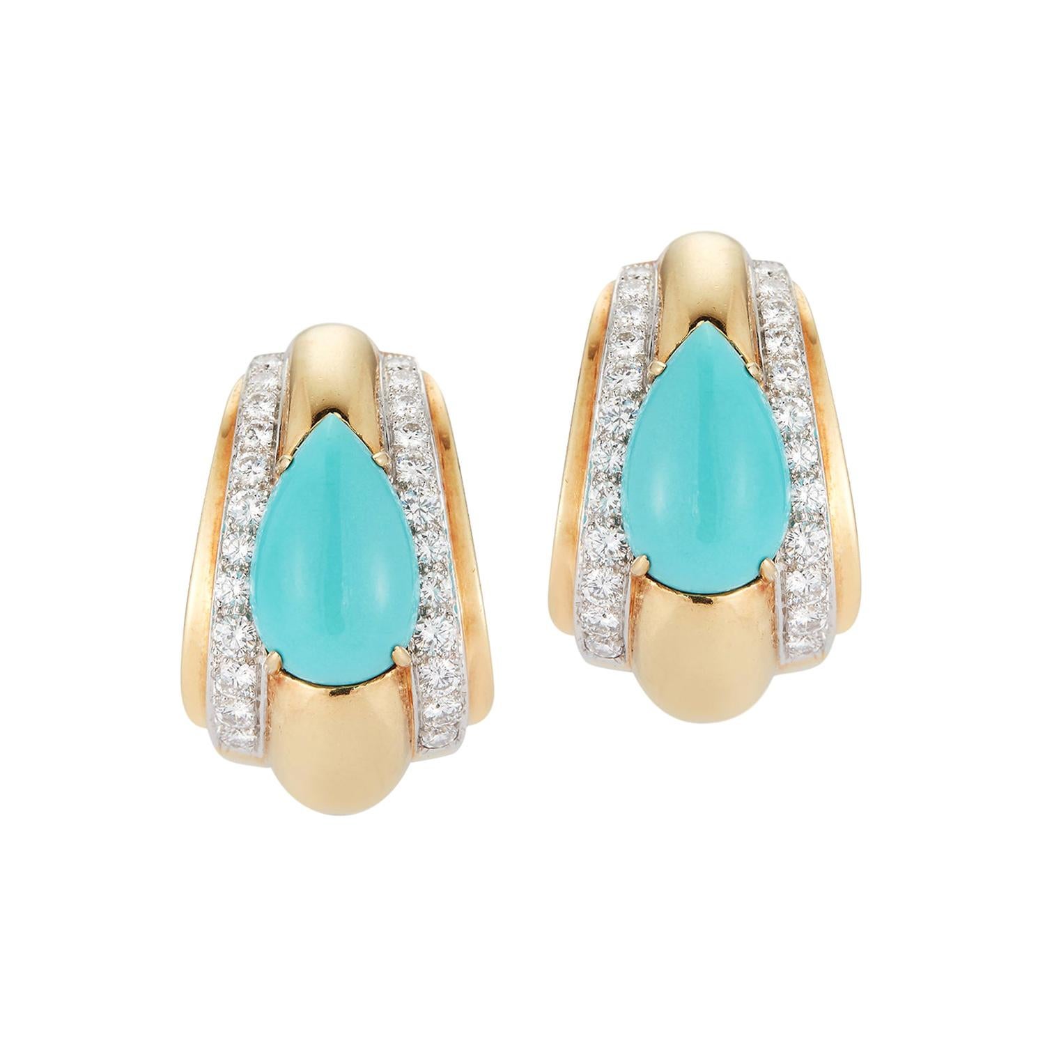 David Webb Turquoise & Diamond Gold Earrings