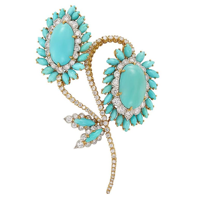 David Webb Turquoise Diamond Gold Flower Brooch In Good Condition For Sale In New York, NY