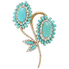 David Webb Broche fleur en or avec turquoise et diamants