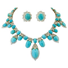 David Webb 1960s Vintage Certified Turquoise Diamond Gold Necklace  Earrings Set