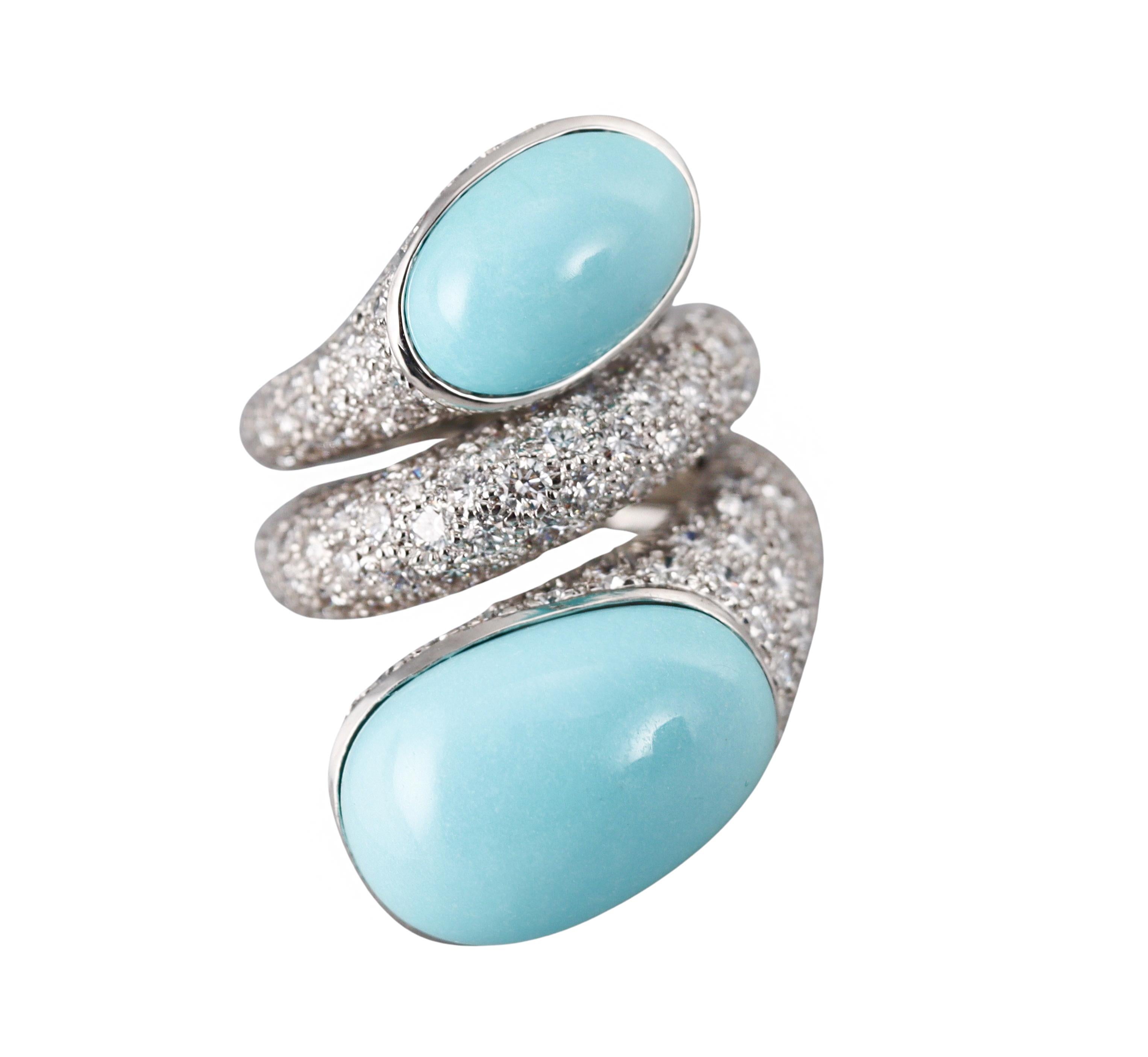 Round Cut David Webb Turquoise Diamond Platinum Wrap Ring For Sale