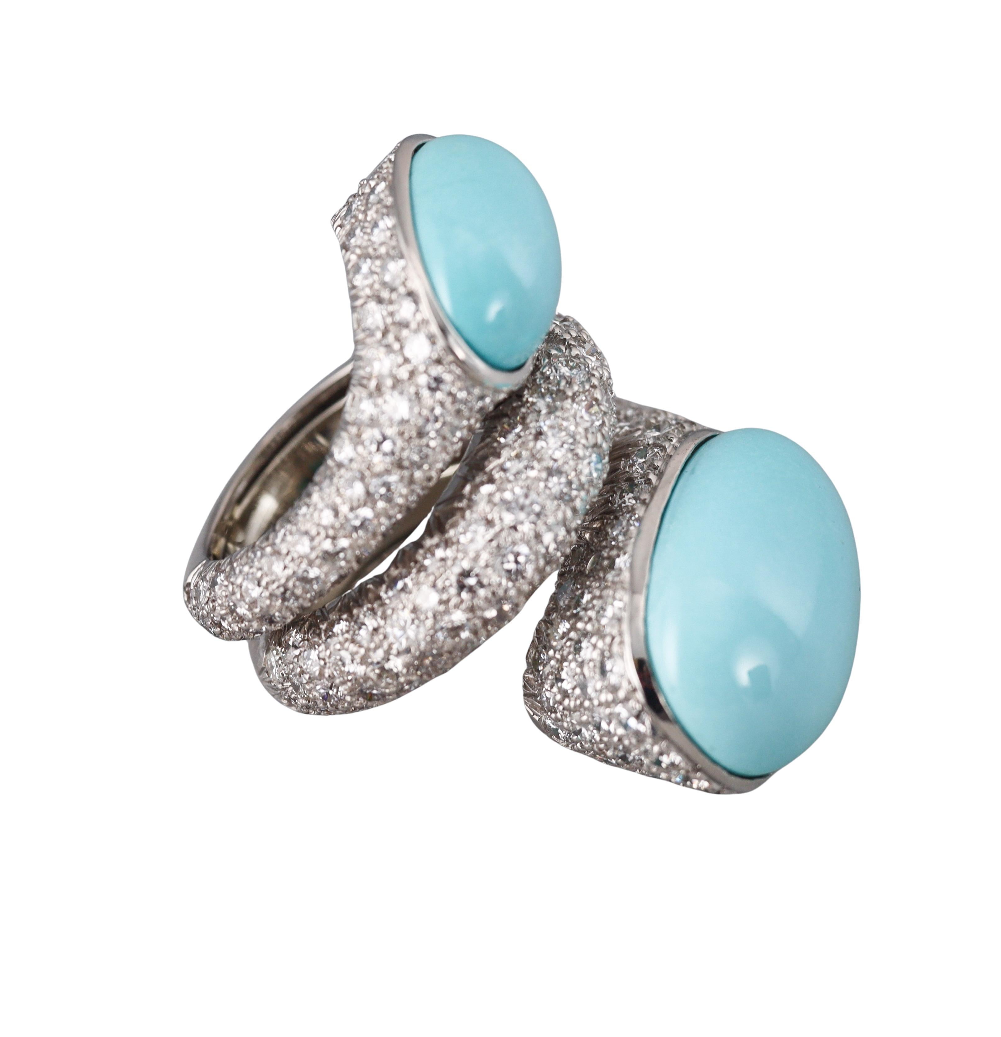 David Webb Turquoise Diamond Platinum Wrap Ring In Excellent Condition For Sale In New York, NY
