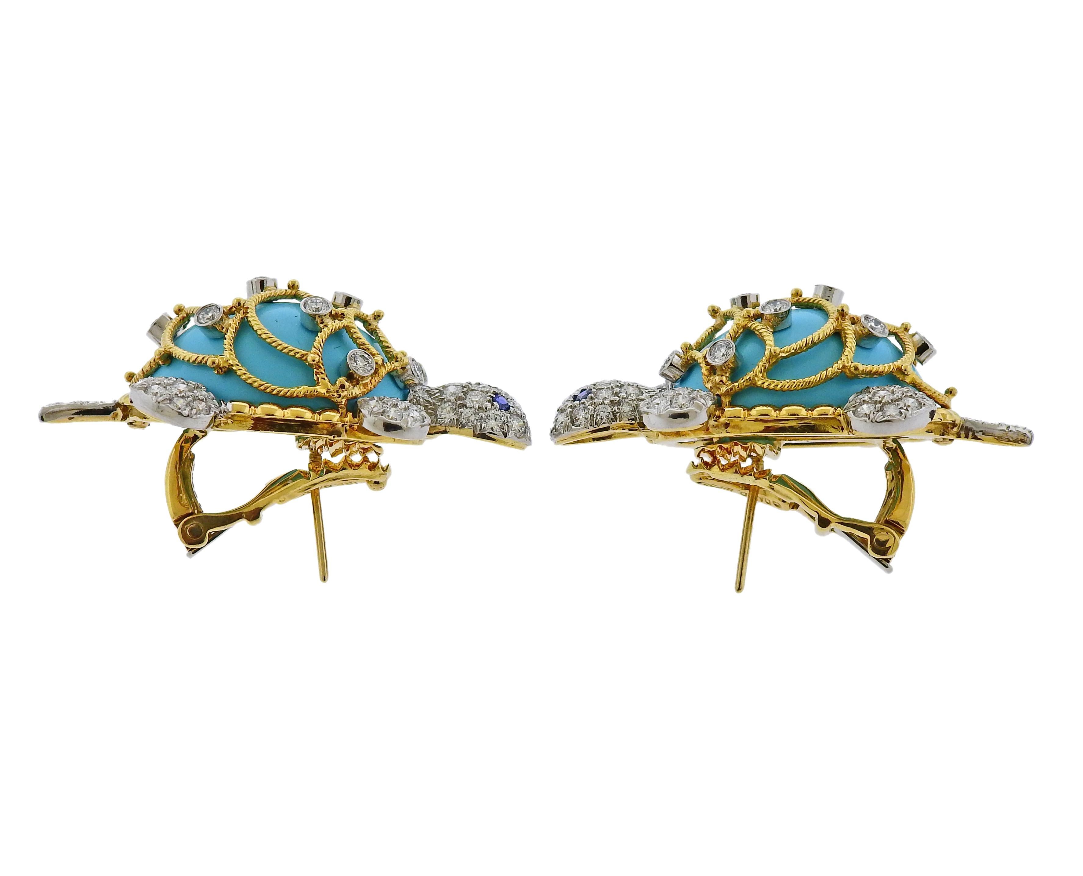 One of a kind David Webb turquoise  turtle earrings in platinum and 18K yellow gold set with 2.40ctw of H - color; VS/SI1 - clarity diamonds and sapphire eyes. Earrings measure 40mm x 25mm. Weight is 45.5 grams. Marked: GS421, David Webb 18k 900PT. 
