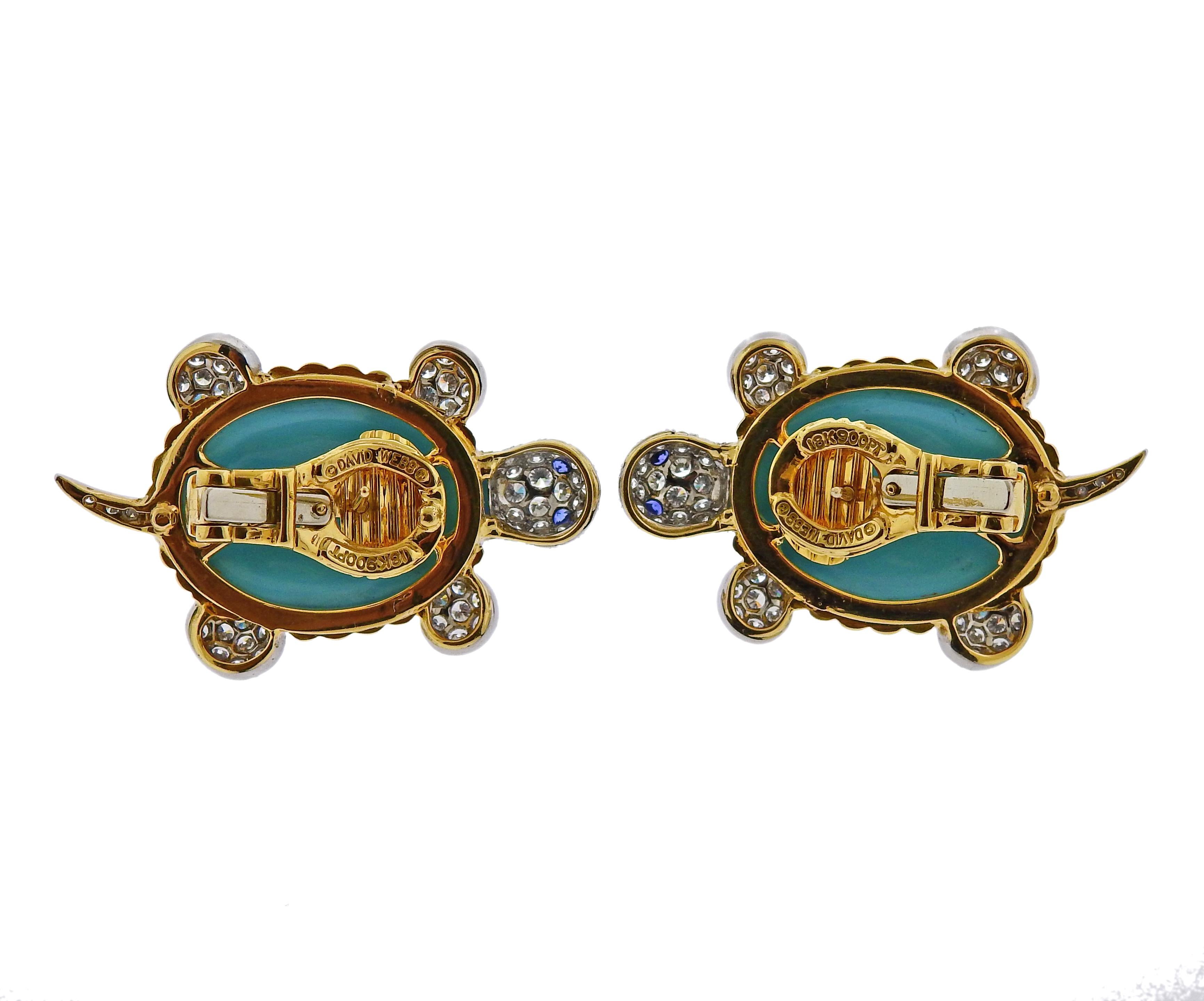 David Webb Turquoise Diamond Sapphire Gold Platinum Turtle Earrings In Excellent Condition In Lambertville, NJ