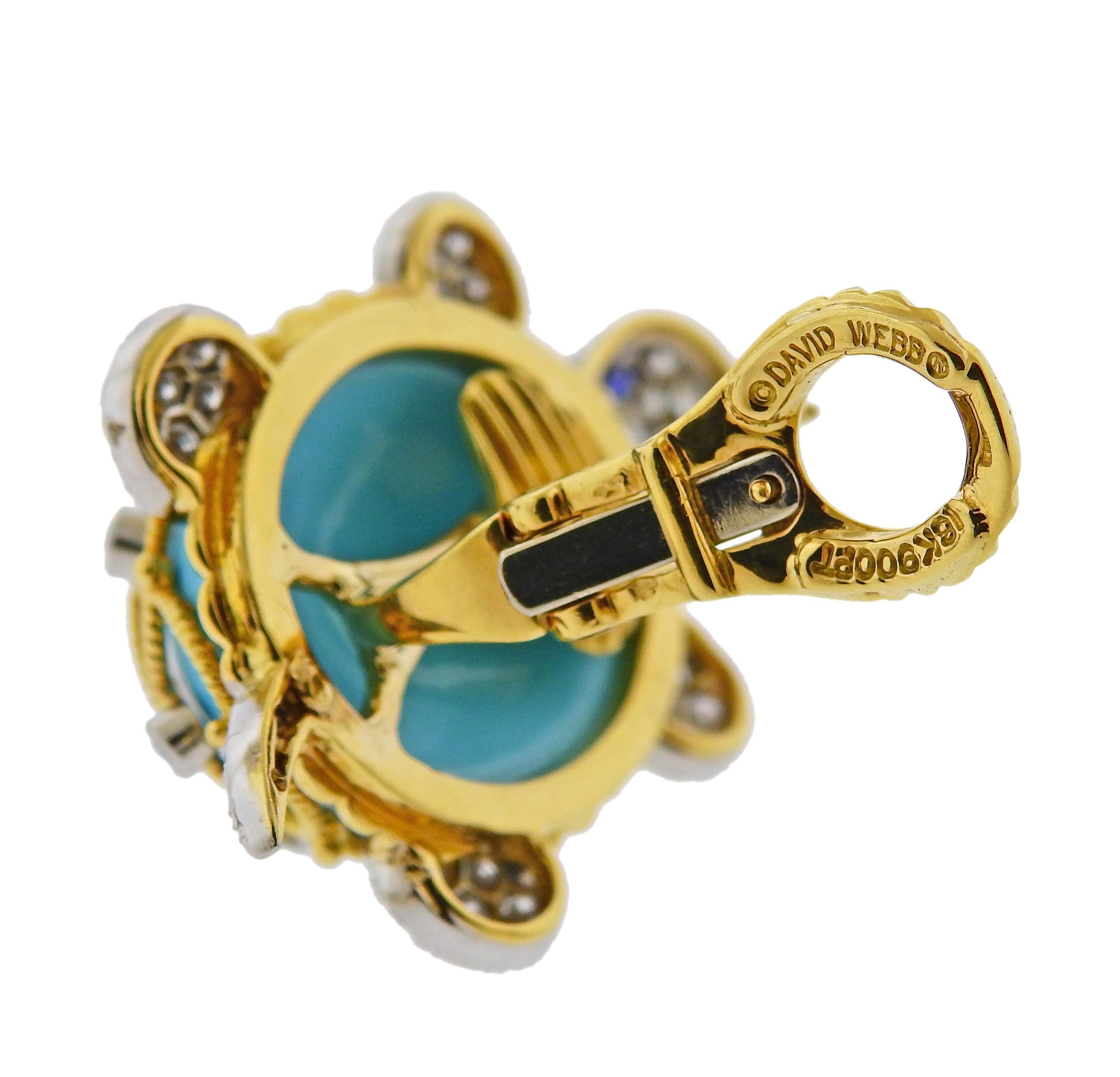 Women's David Webb Turquoise Diamond Sapphire Gold Platinum Turtle Earrings