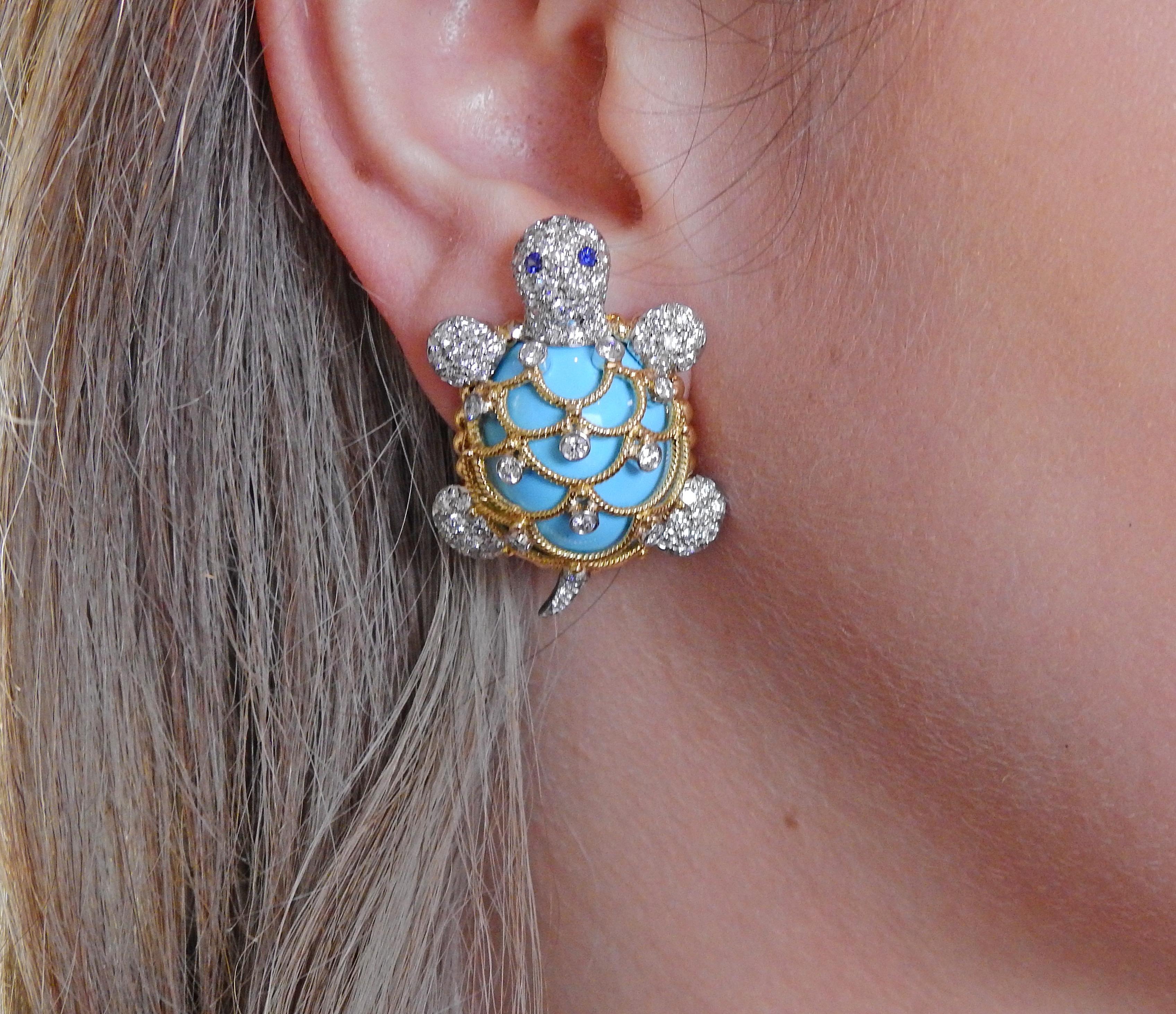 David Webb Turquoise Diamond Sapphire Gold Platinum Turtle Earrings 1