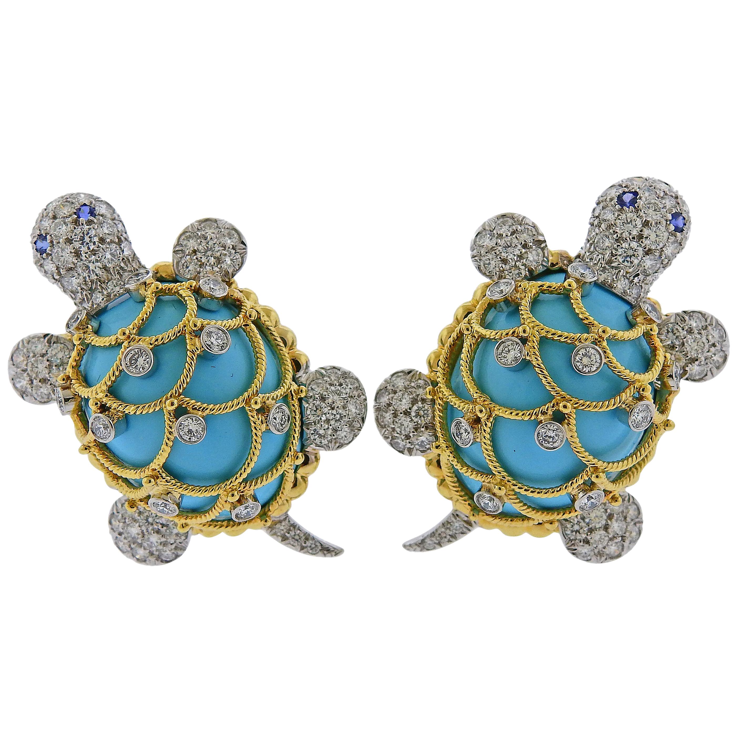 David Webb Turquoise Diamond Sapphire Gold Platinum Turtle Earrings