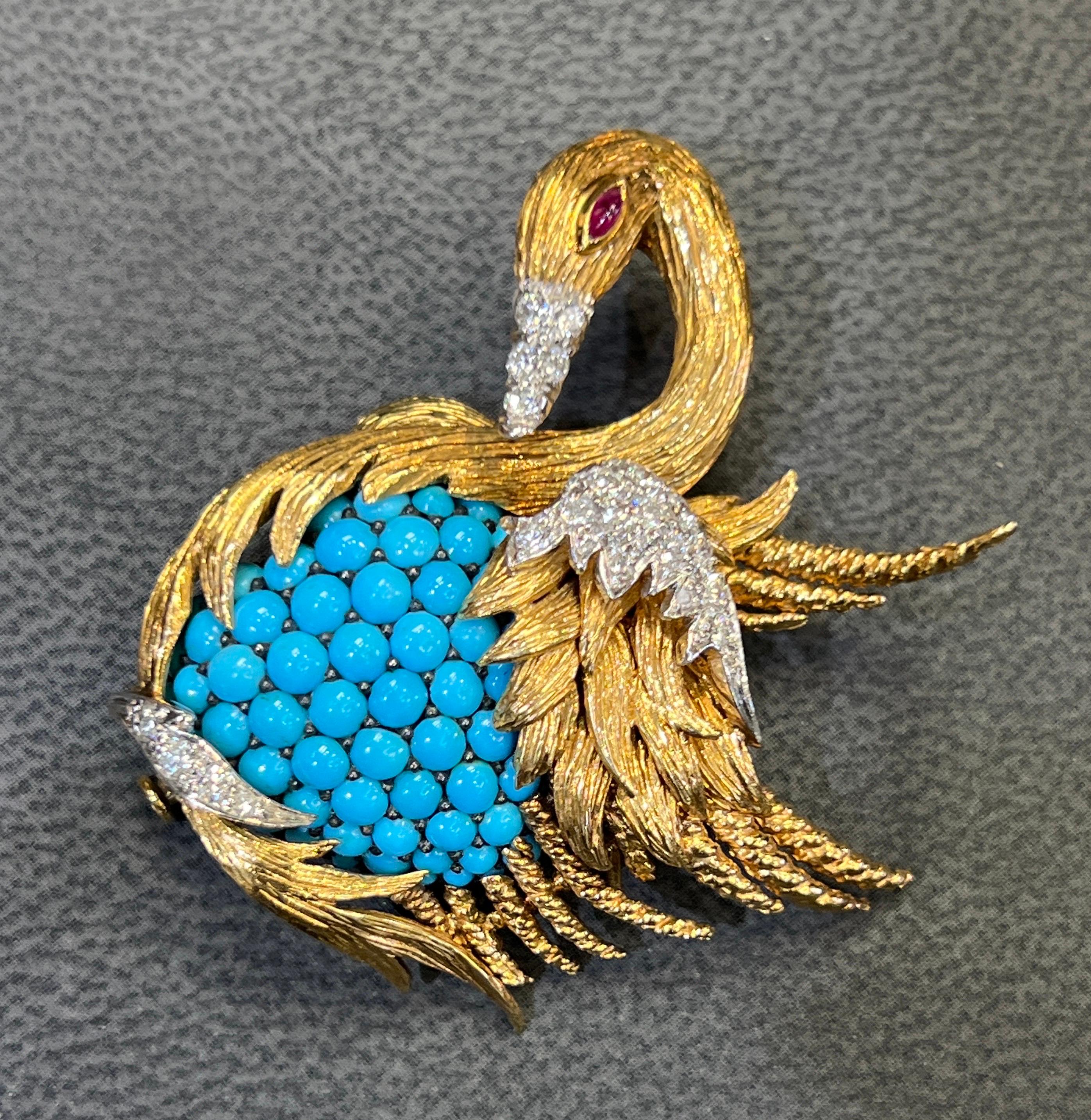 David Webb Turquoise & Diamond Swan Brooch In Excellent Condition For Sale In New York, NY
