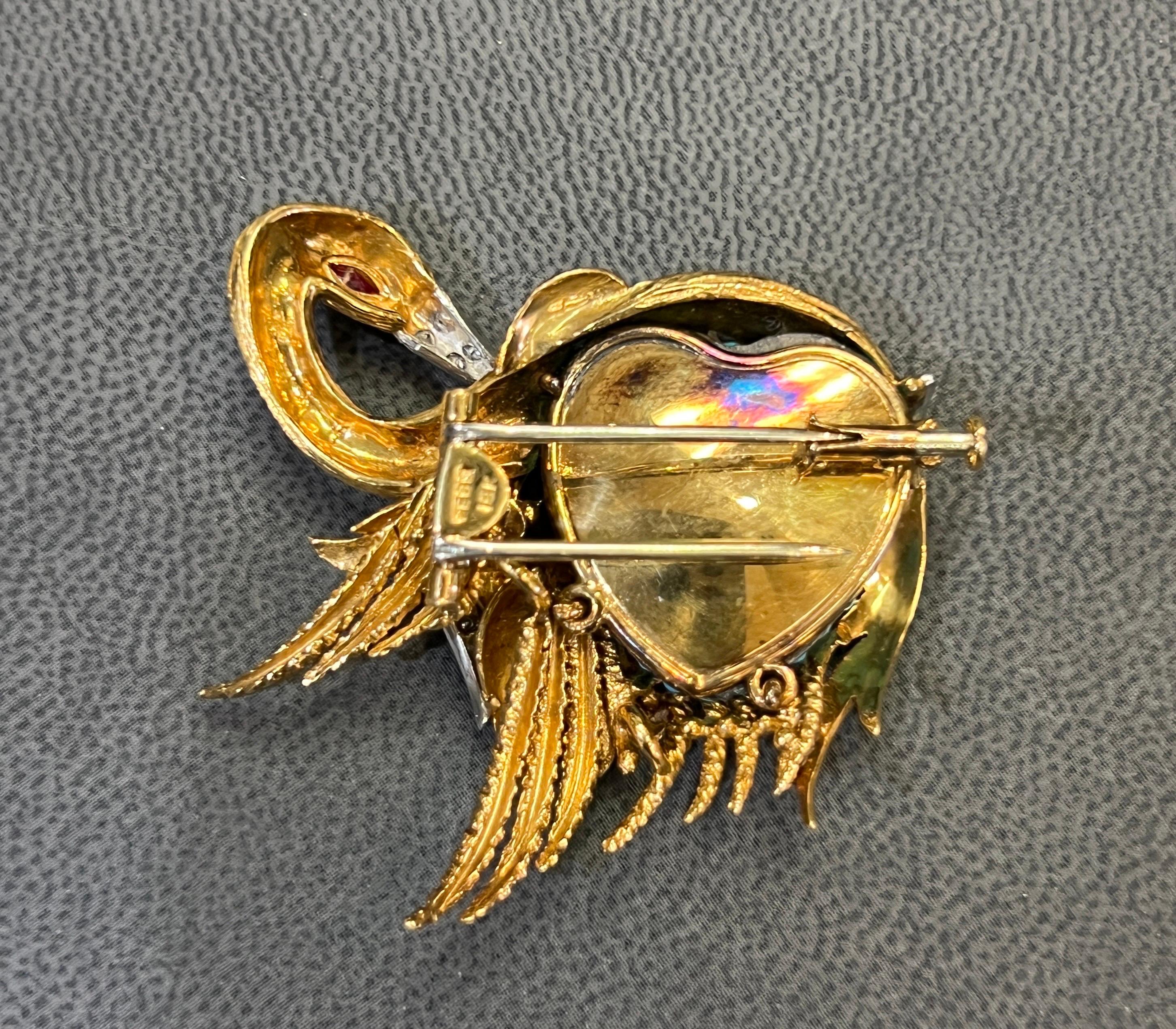 Women's or Men's David Webb Turquoise & Diamond Swan Brooch For Sale