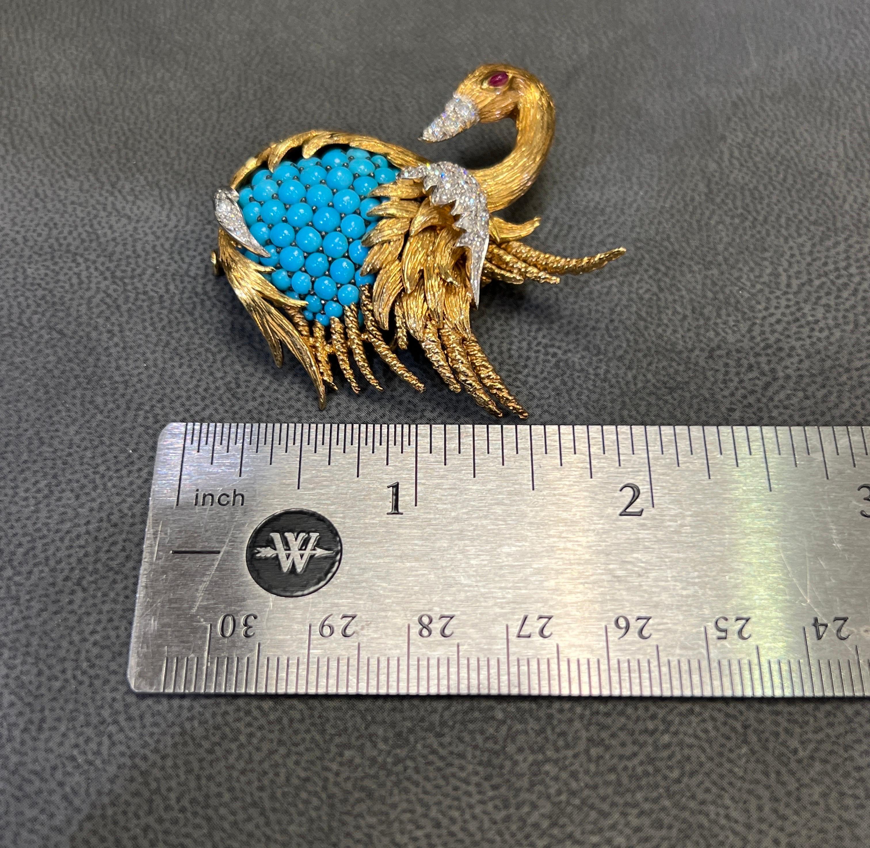 David Webb Turquoise & Diamond Swan Brooch For Sale 1