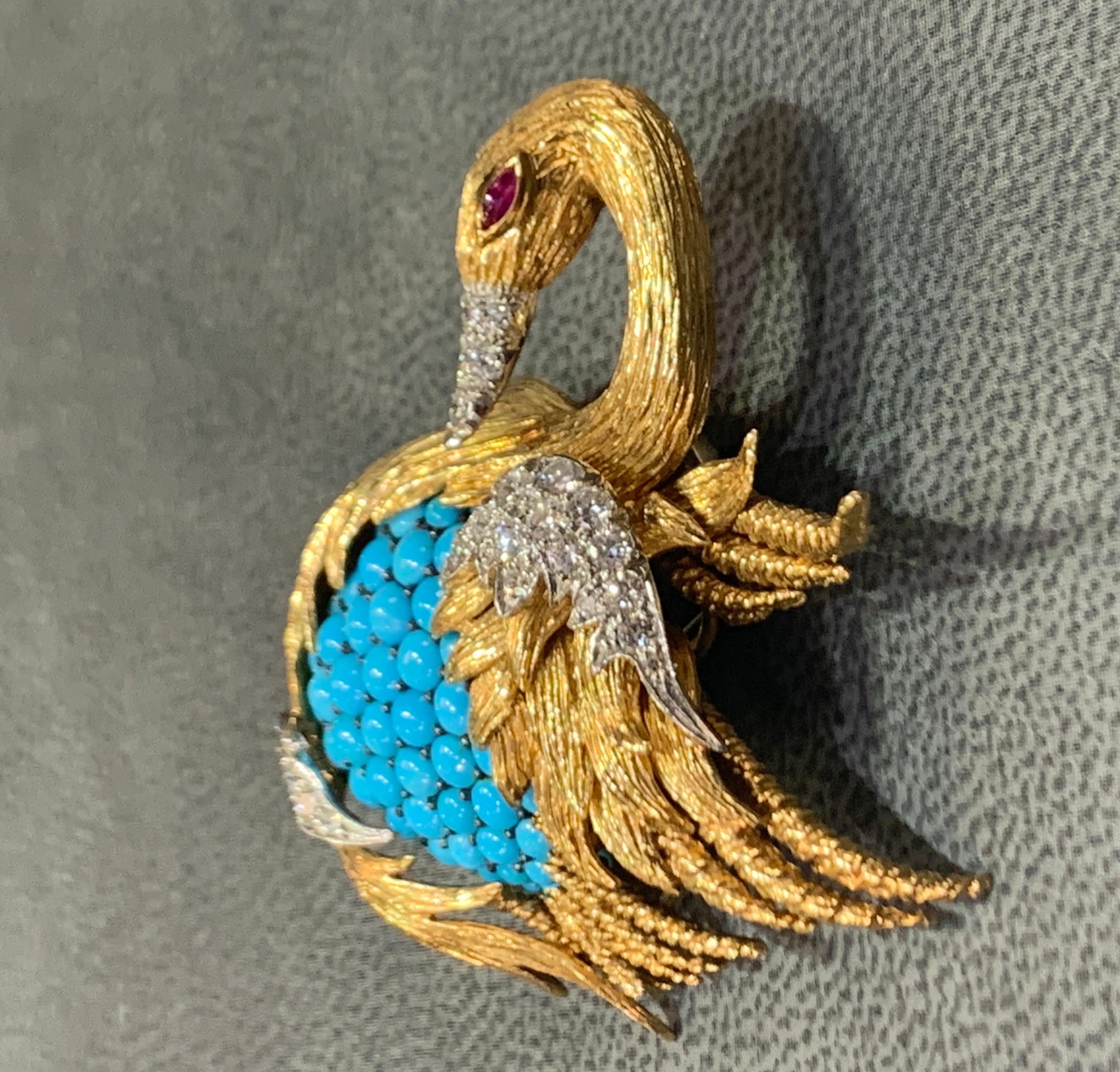 David Webb Turquoise & Diamond Swan Brooch For Sale 2