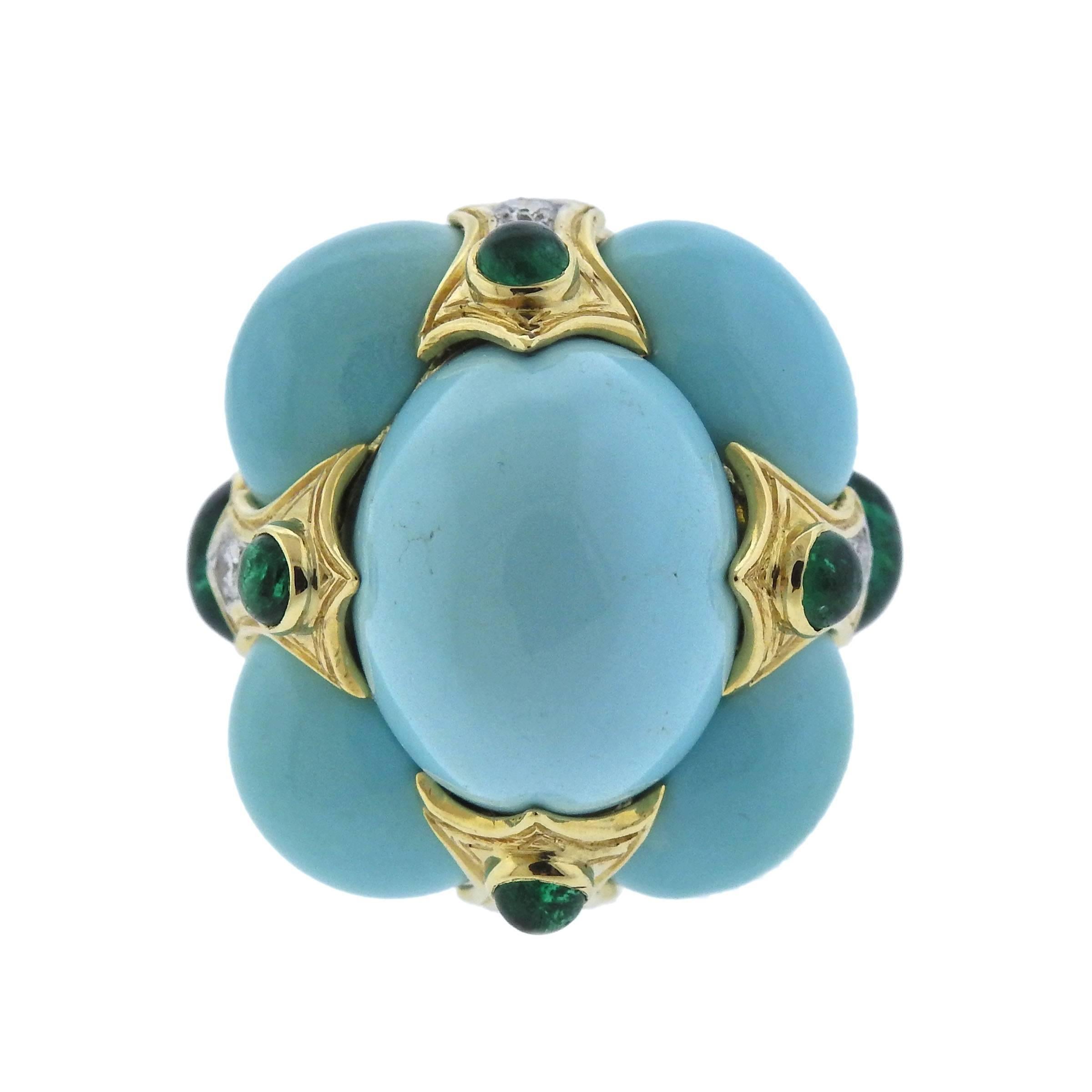  Large 18k gold and platinum cocktail ring, crafted by David Webb, set with 35.81ctw in turquoise, 2.71ctw emerald cabochons and 0.43ctw GH/VS diamonds. Retail $32000.  Ring size - 6.5, ring top - 28mm x 28mm, sits approx. 19mm from top of the