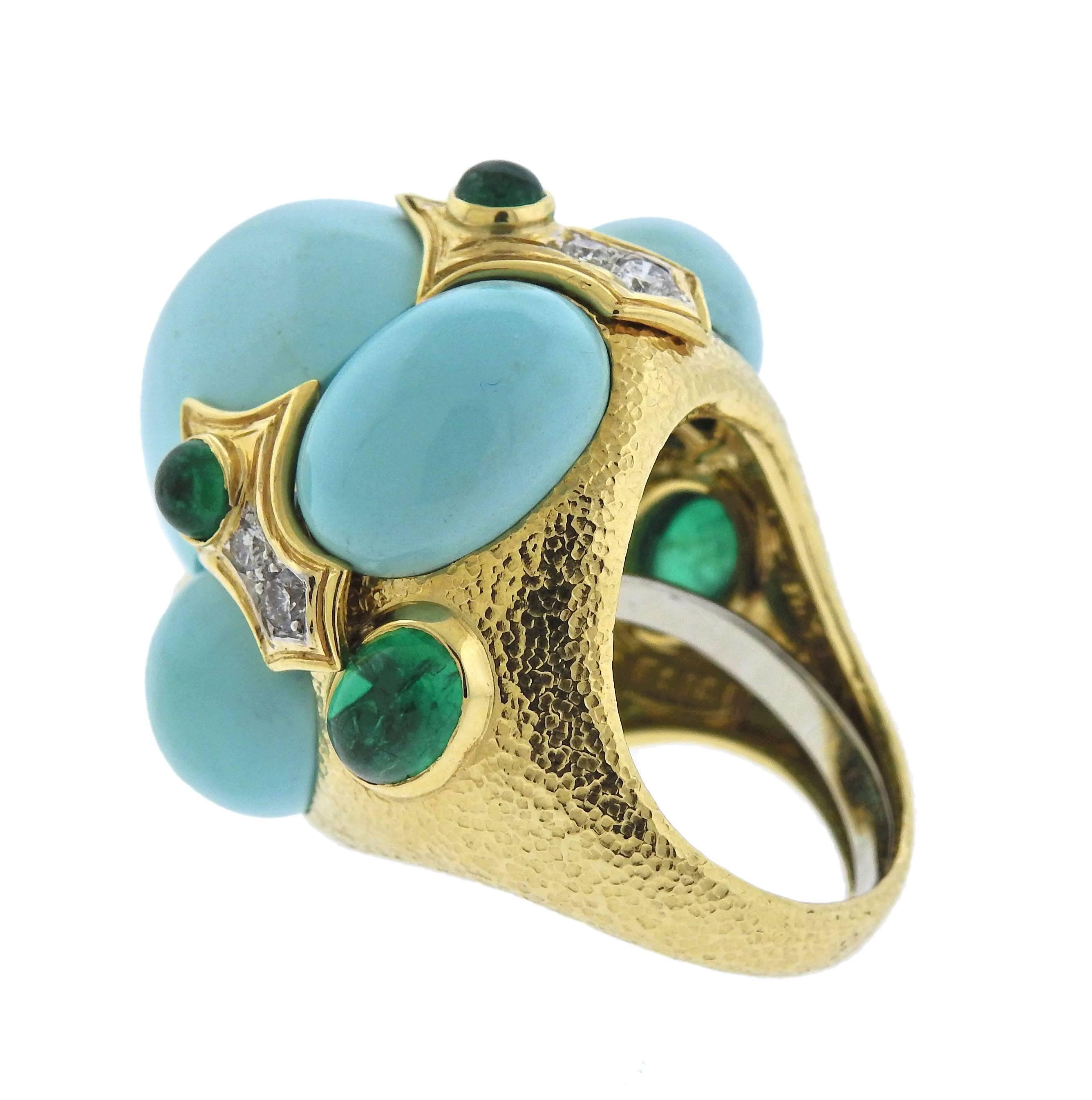 David Webb Turquoise Emerald Diamond Gold Platinum Turban Ring In Excellent Condition In Lambertville, NJ