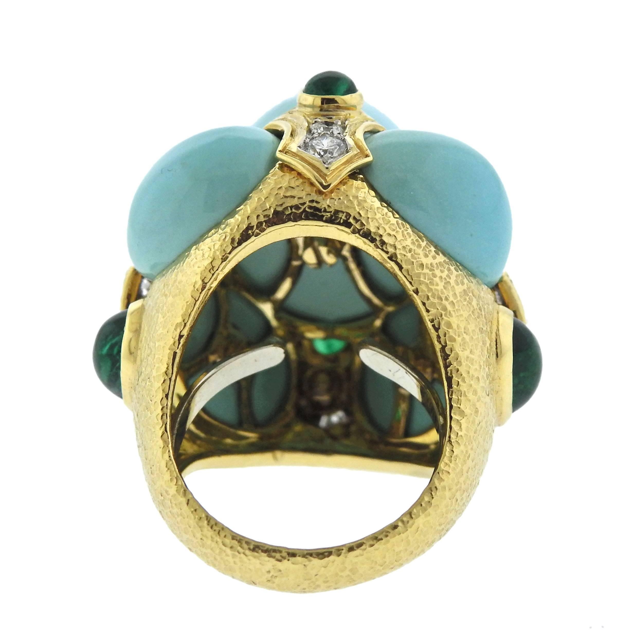 Women's David Webb Turquoise Emerald Diamond Gold Platinum Turban Ring